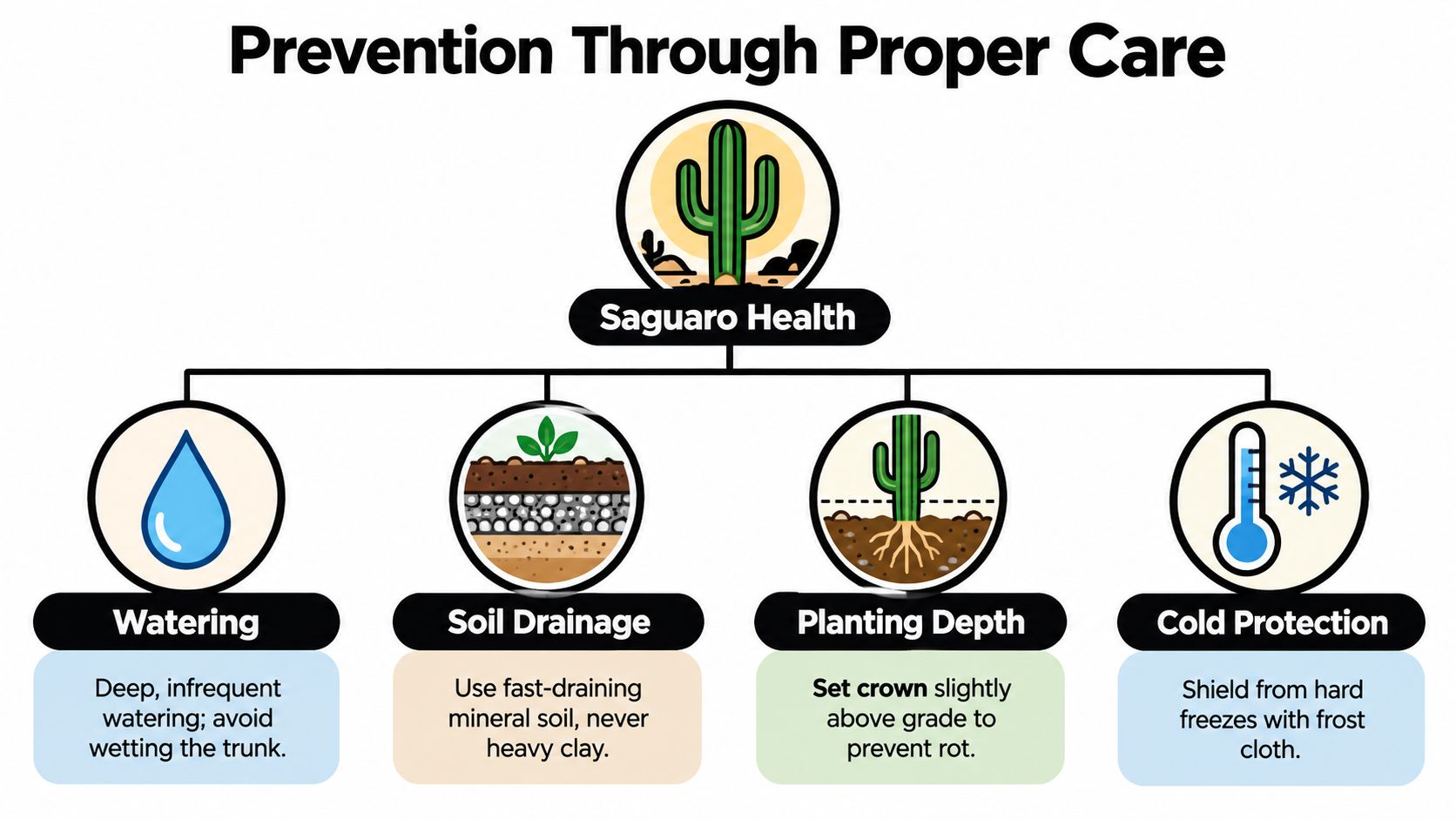 A diagram illustrating essential care tips for maintaining healthy saguaro cacti, focusing on watering, soil, and protection.
