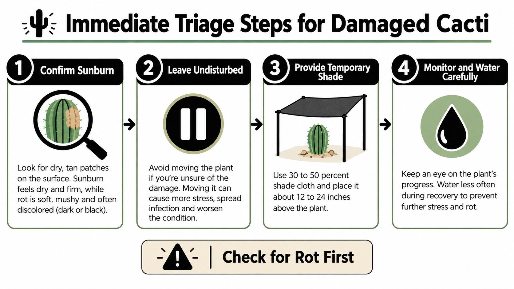 A four-step infographic illustrating how to triage and care for a cactus suffering from sunburn damage.