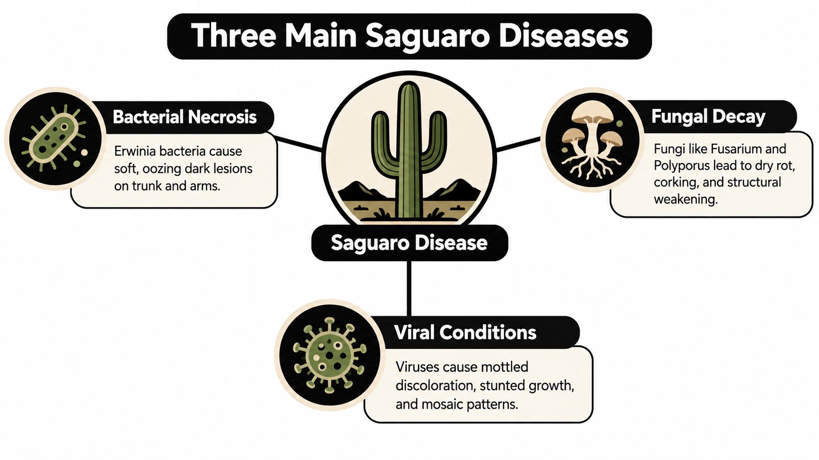 An infographic showing three main saguaro diseases: bacterial necrosis, fungal decay, and viral conditions.