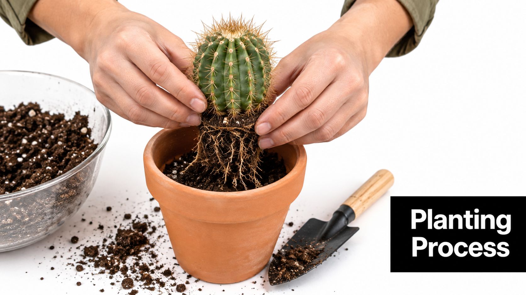 A pair of hands carefully placing a bare root cactus into a terracotta flower pot.