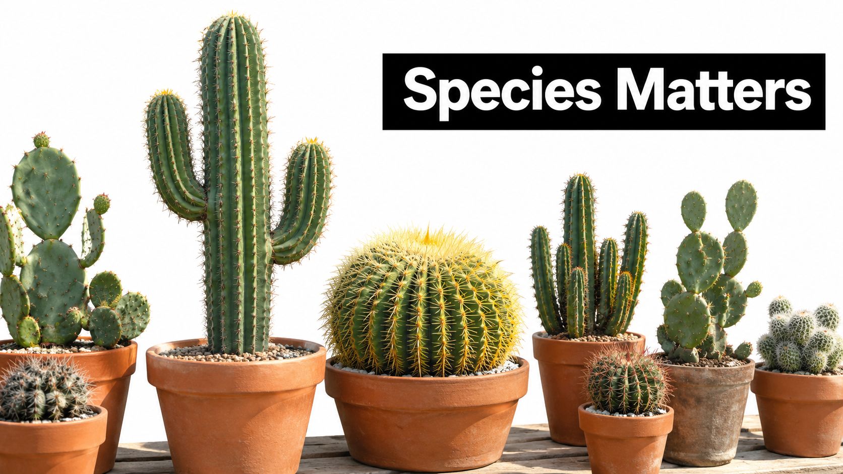 A row of various potted cacti of different shapes and sizes sitting on a wooden surface.