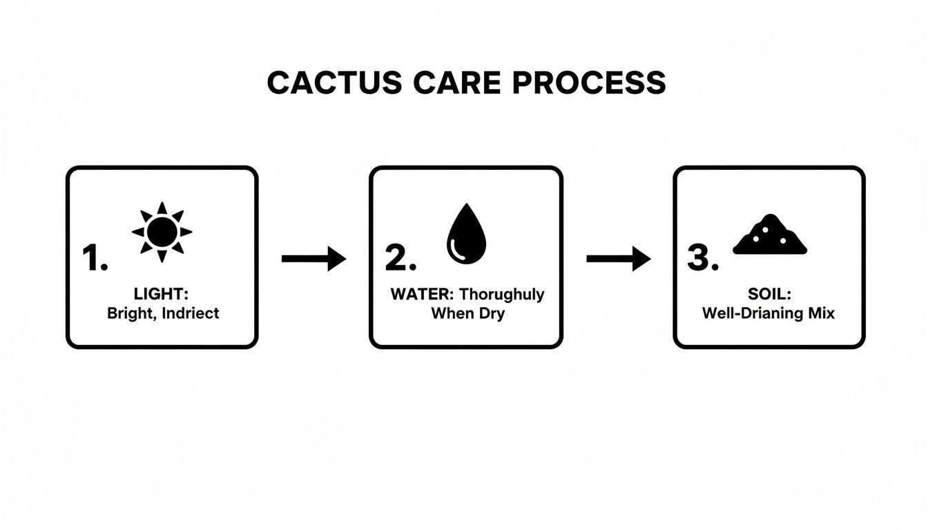 Black and white infographic illustrating three essential steps for cactus care: light, water, and soil.
