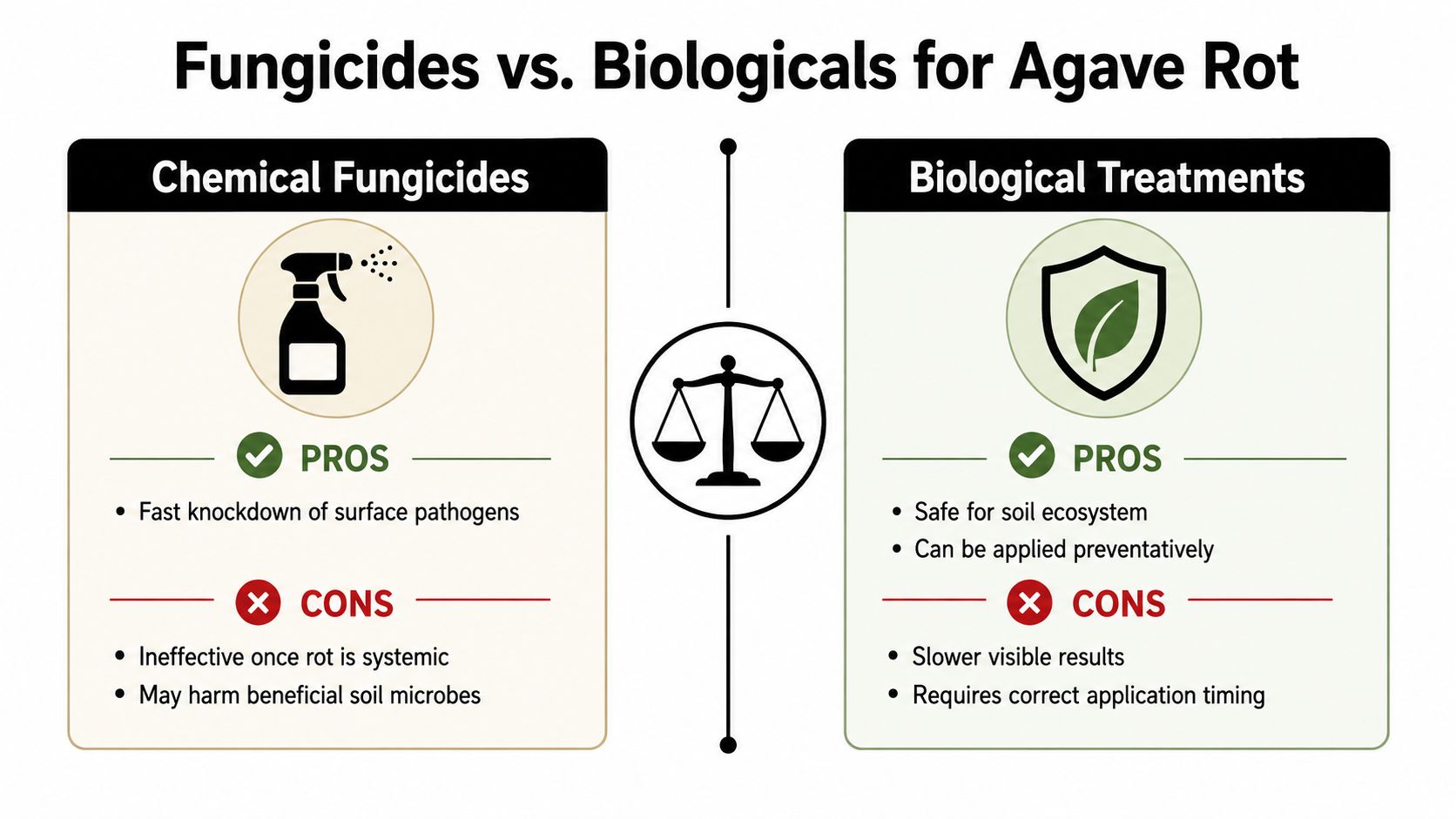A comparison chart showing the pros and cons of using chemical fungicides versus biological treatments for agave rot.