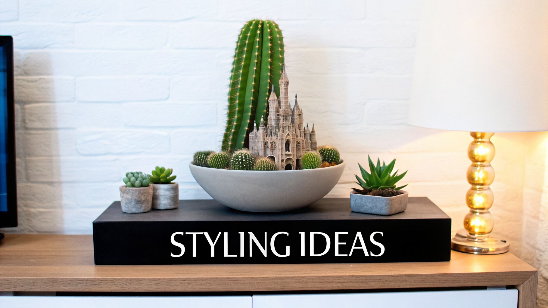 A whimsical miniature fairy castle nestled among various cacti and succulents in decorative pots on a wooden shelf.