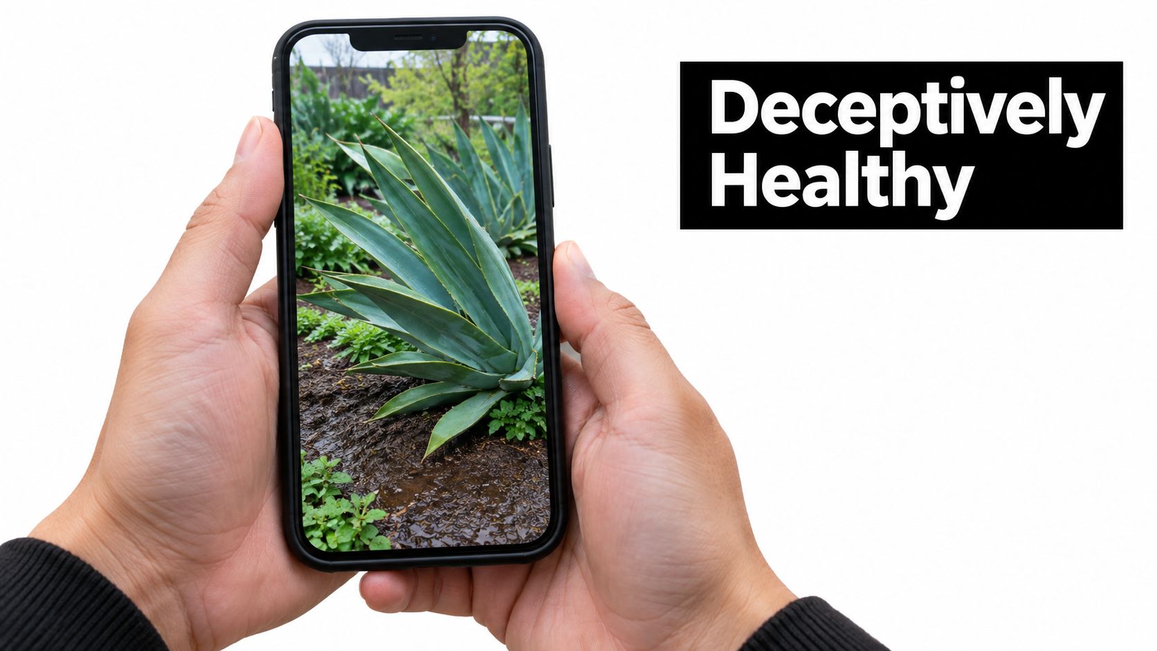 A person holding a smartphone displaying an image of an agave plant potentially suffering from root rot.
