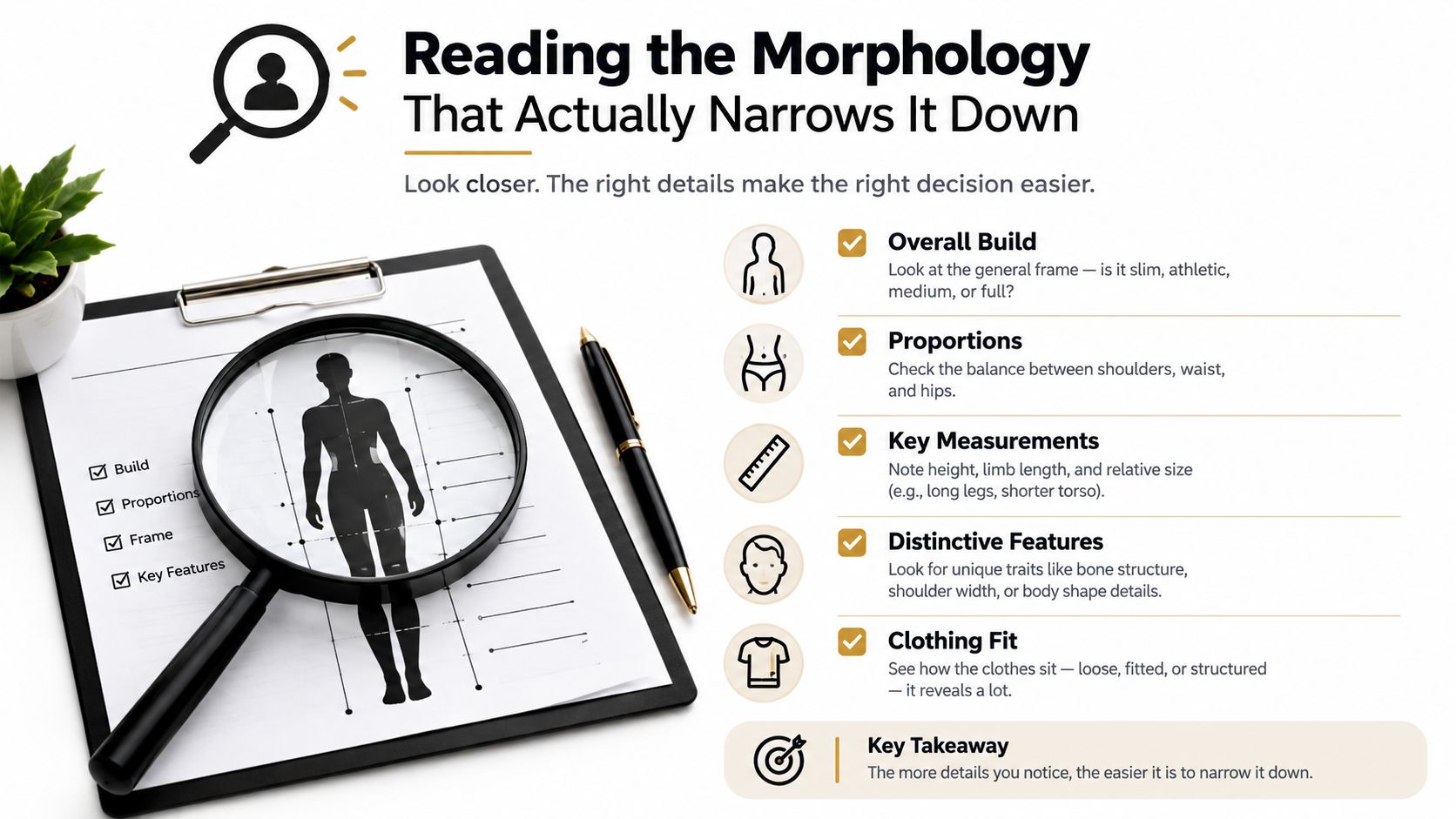 A visual guide explaining how to analyze human body morphology using key metrics like build and proportions.