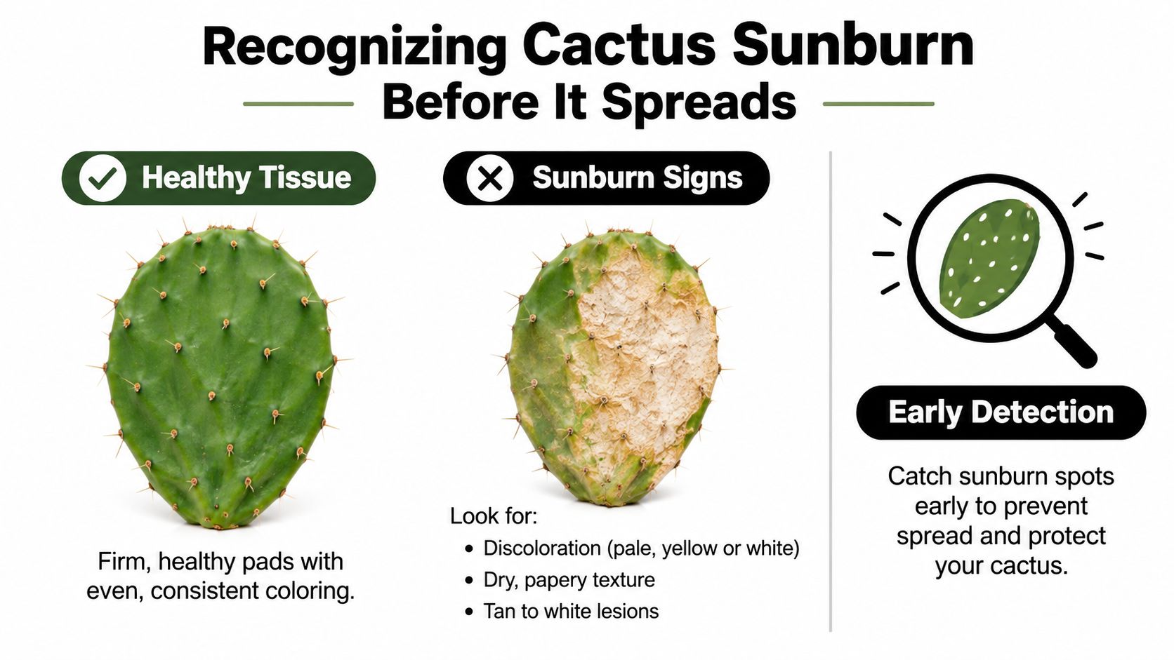 An educational graphic showing a healthy cactus pad compared to one with cactus sunburn signs.