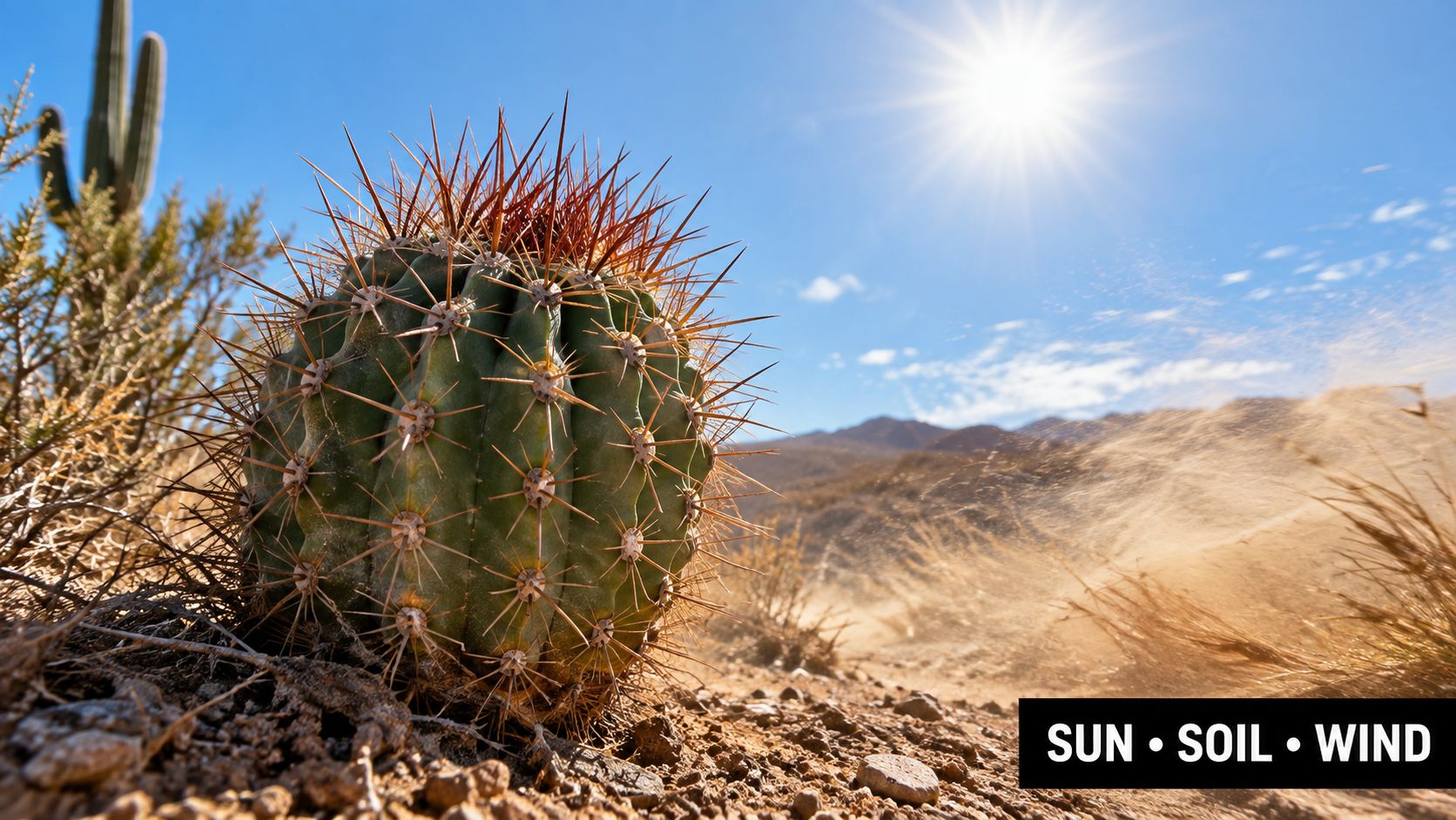 A round spiky cactus stands in the desert under a bright sun with blowing dust and mountains.