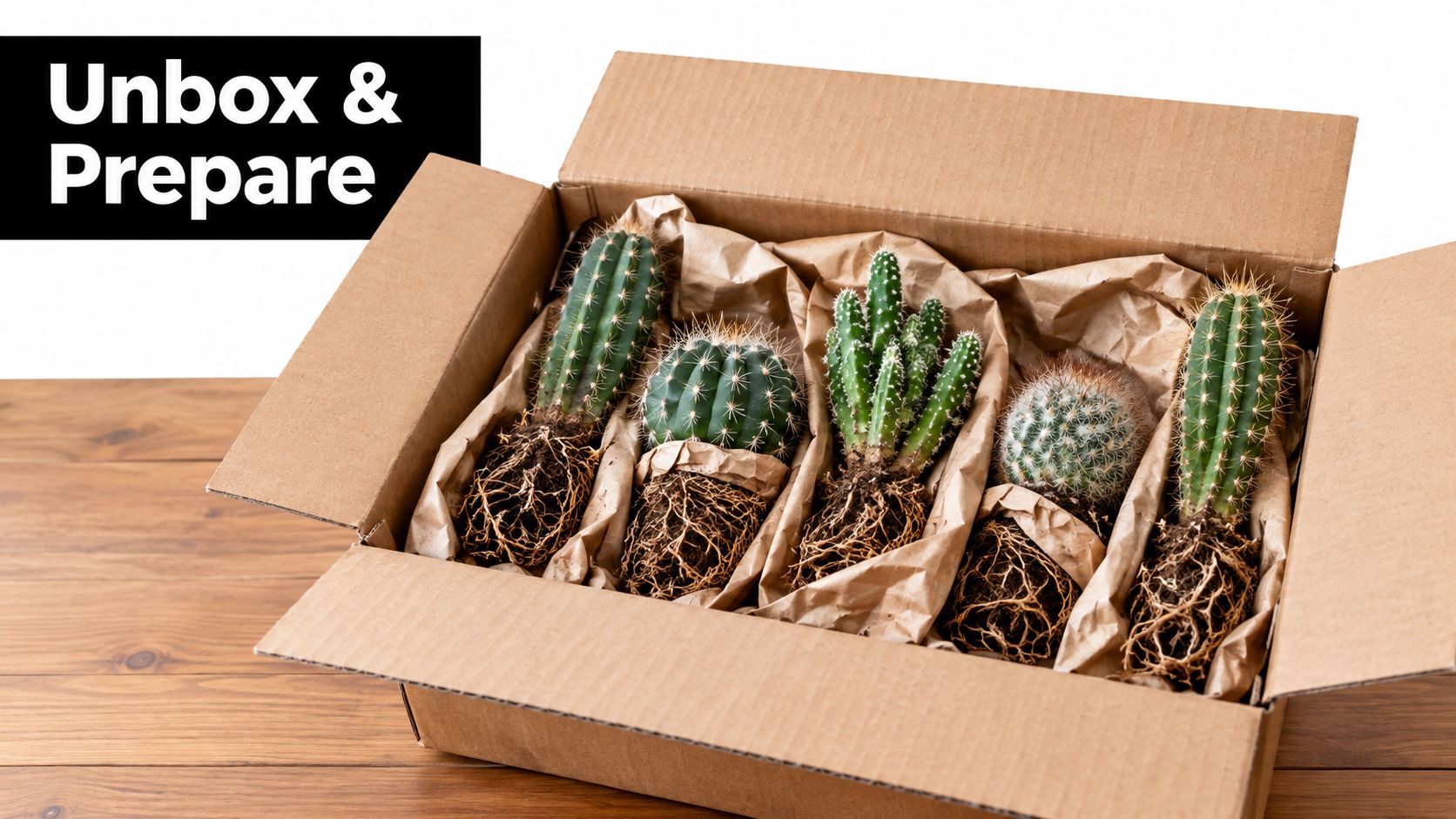 A cardboard box on a wooden table containing five various bare root cacti ready for planting.