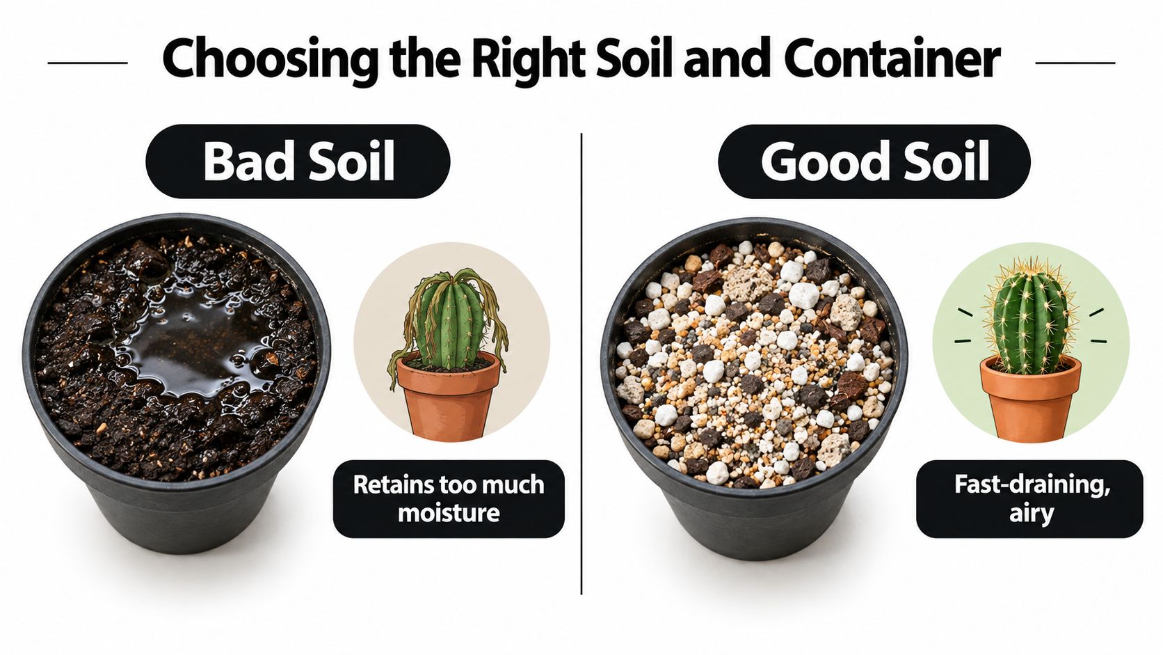 A comparison image showing the difference between bad, moisture-retaining soil and good, fast-draining cactus potting mix.