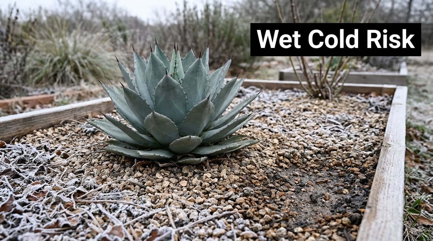 A hardy agave plant growing in a frost-covered gravel garden bed during cold winter weather conditions.