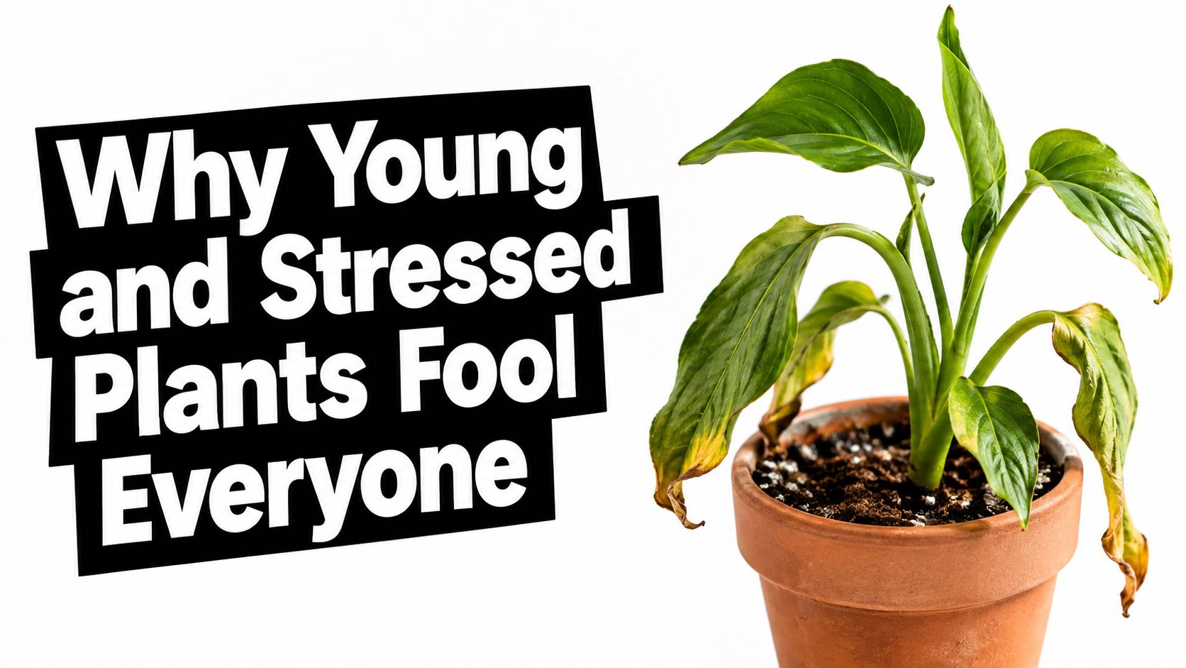 A wilted houseplant in a terracotta pot with bold text stating why young plants look stressed.