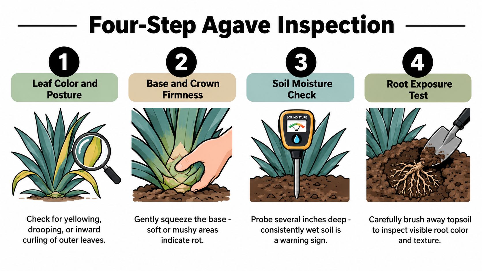 An educational four-step guide for inspecting agave plants for signs of root rot and overall health.