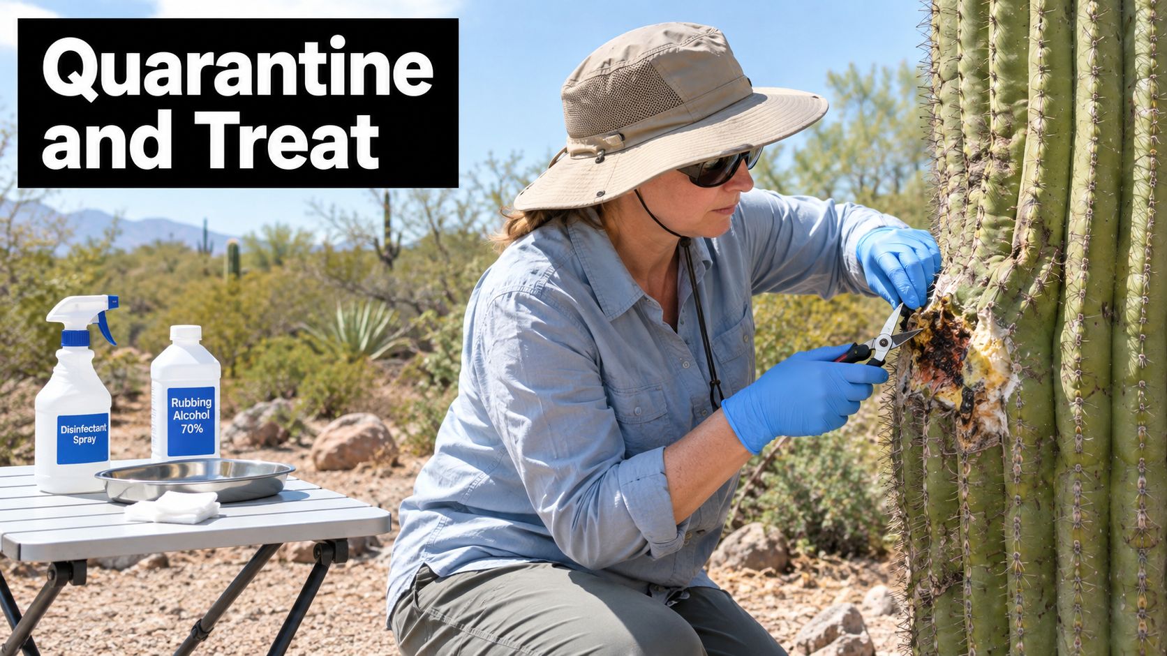 A person wearing blue gloves using garden shears to treat a diseased section of a saguaro cactus.