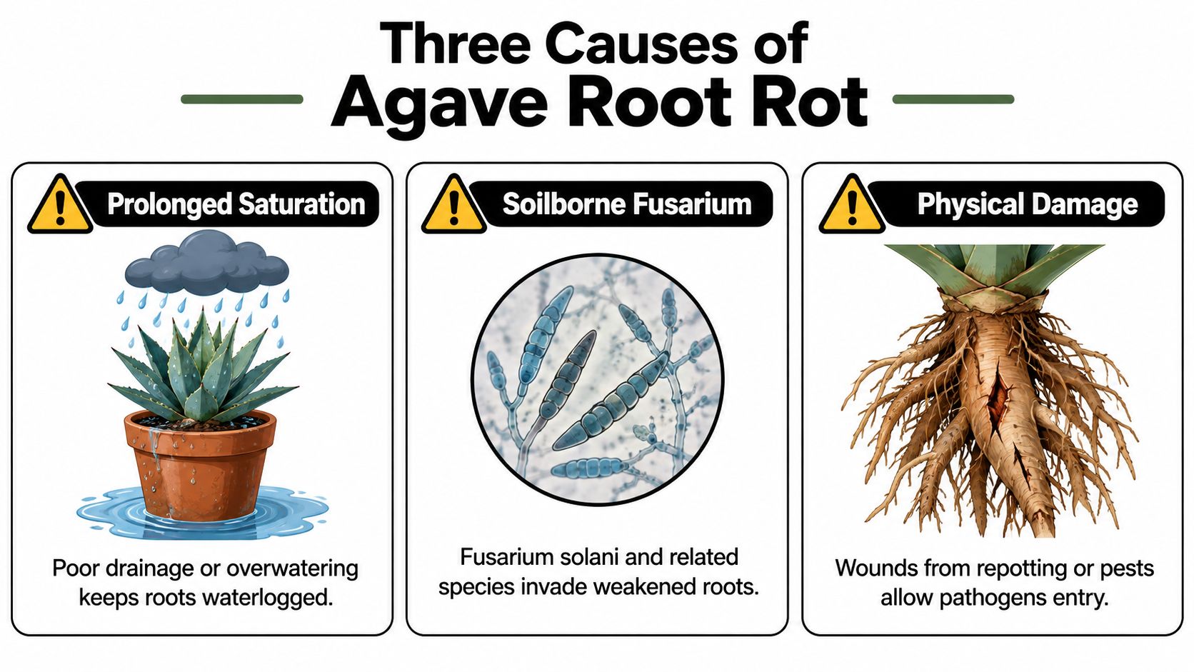 An infographic showing three main causes of agave root rot: prolonged saturation, soilborne fusarium, and physical damage.