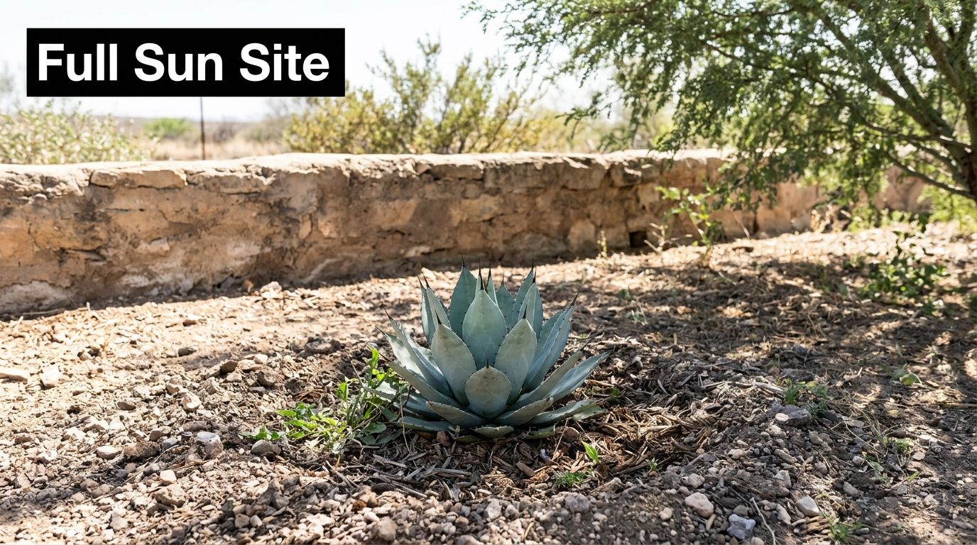 A young blue agave parryi plant growing in a dry rocky full sun garden landscape setting.