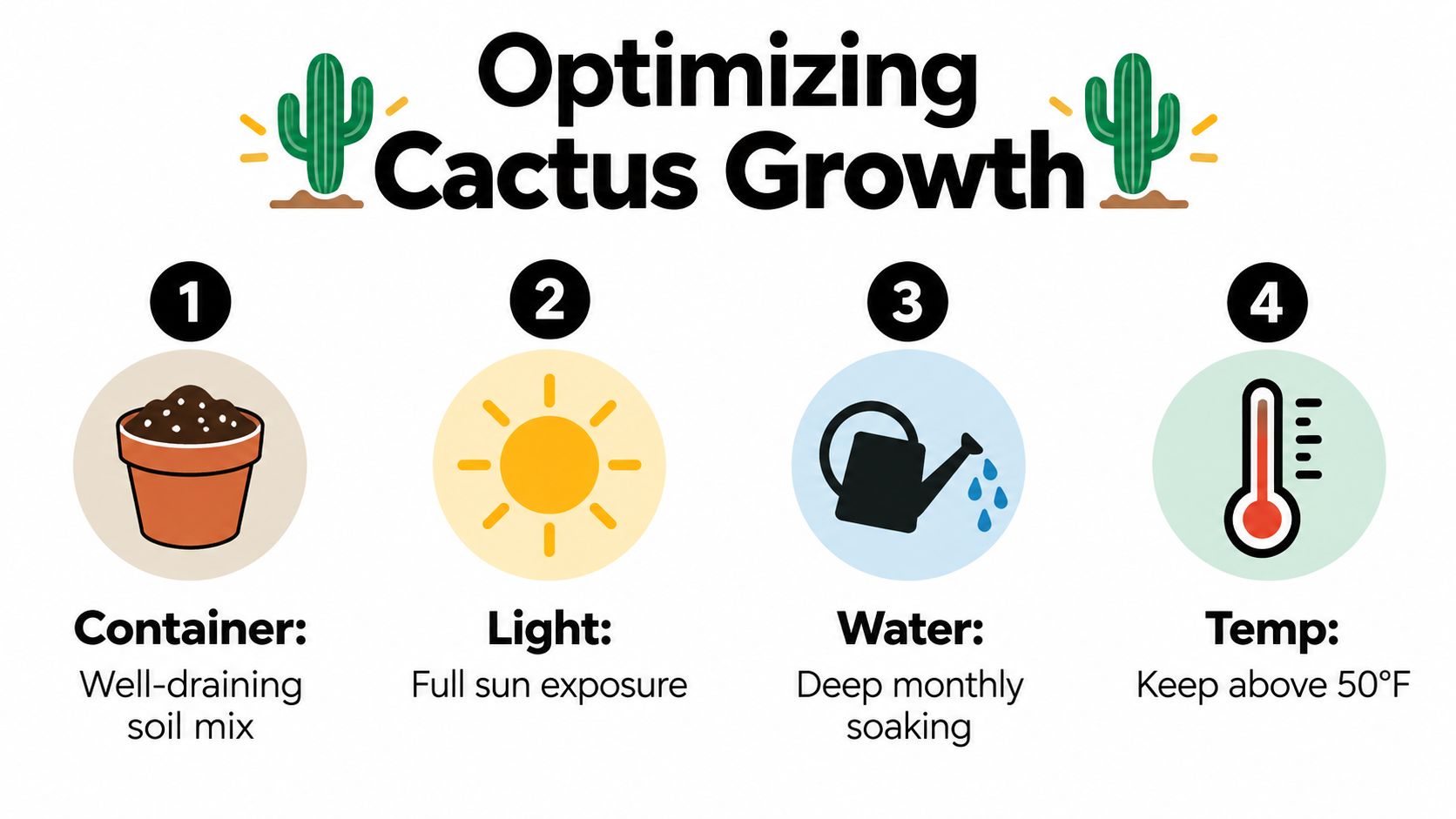 A helpful infographic showing four essential steps for optimizing cactus growth through proper soil, light, water, and temperature.