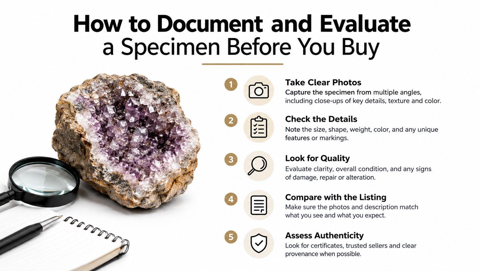 A checklist infographic detailing five essential steps for documenting and evaluating a mineral specimen before purchase.