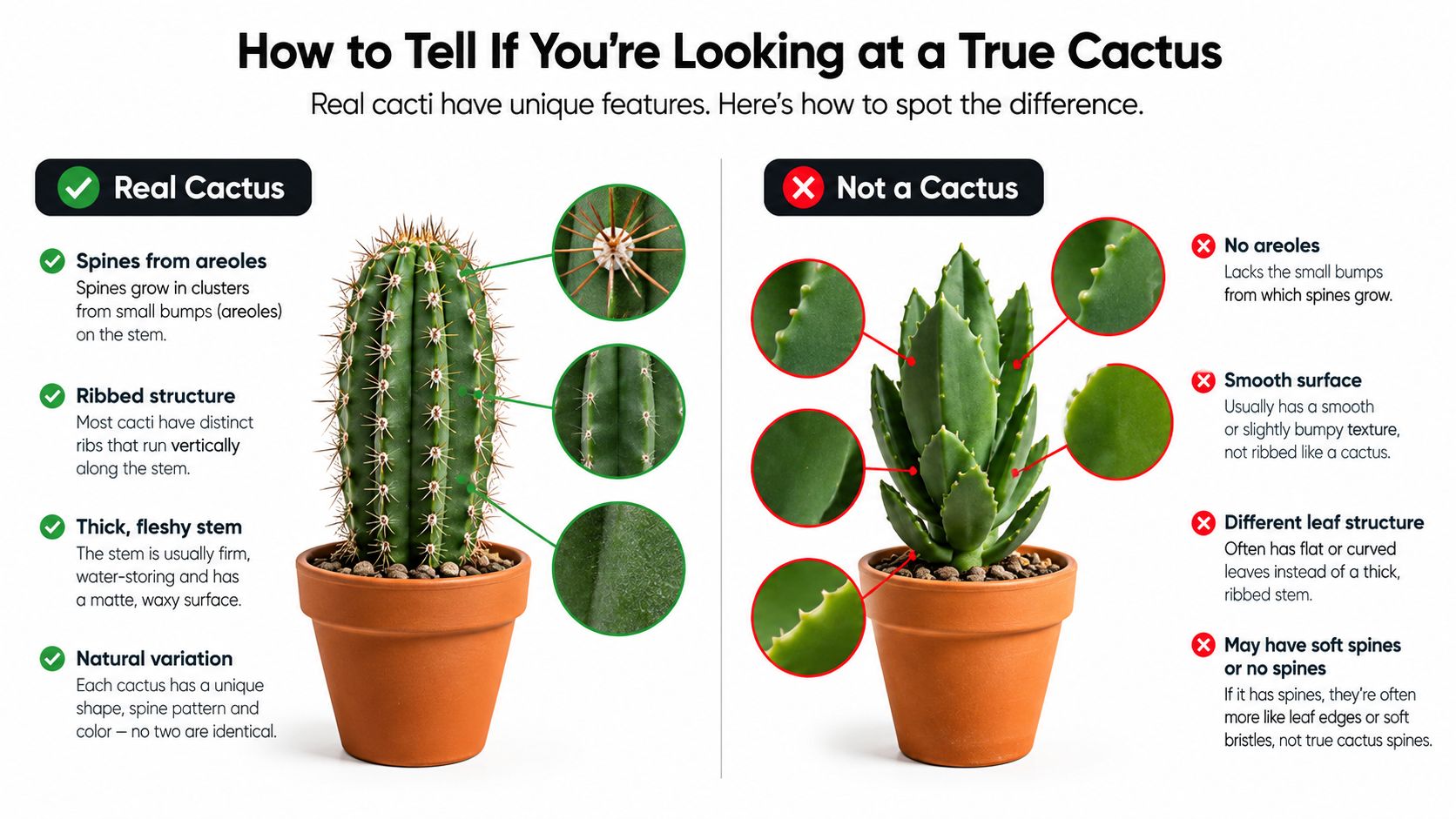 A comparison infographic showing how to identify a real cactus compared to non-cactus succulent plants.