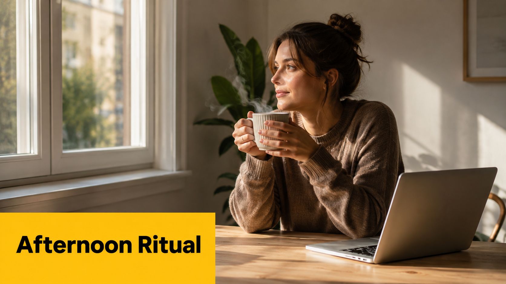 A woman holding a steaming cup of coffee while sitting by a window at her desk.