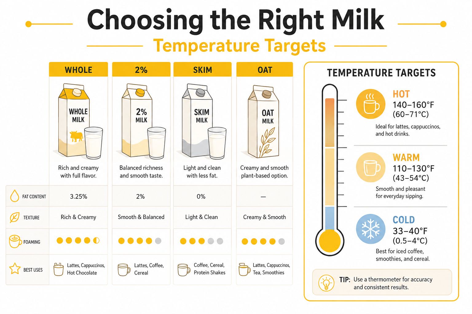 An infographic showing different types of milk, their characteristics, and recommended serving temperature ranges.