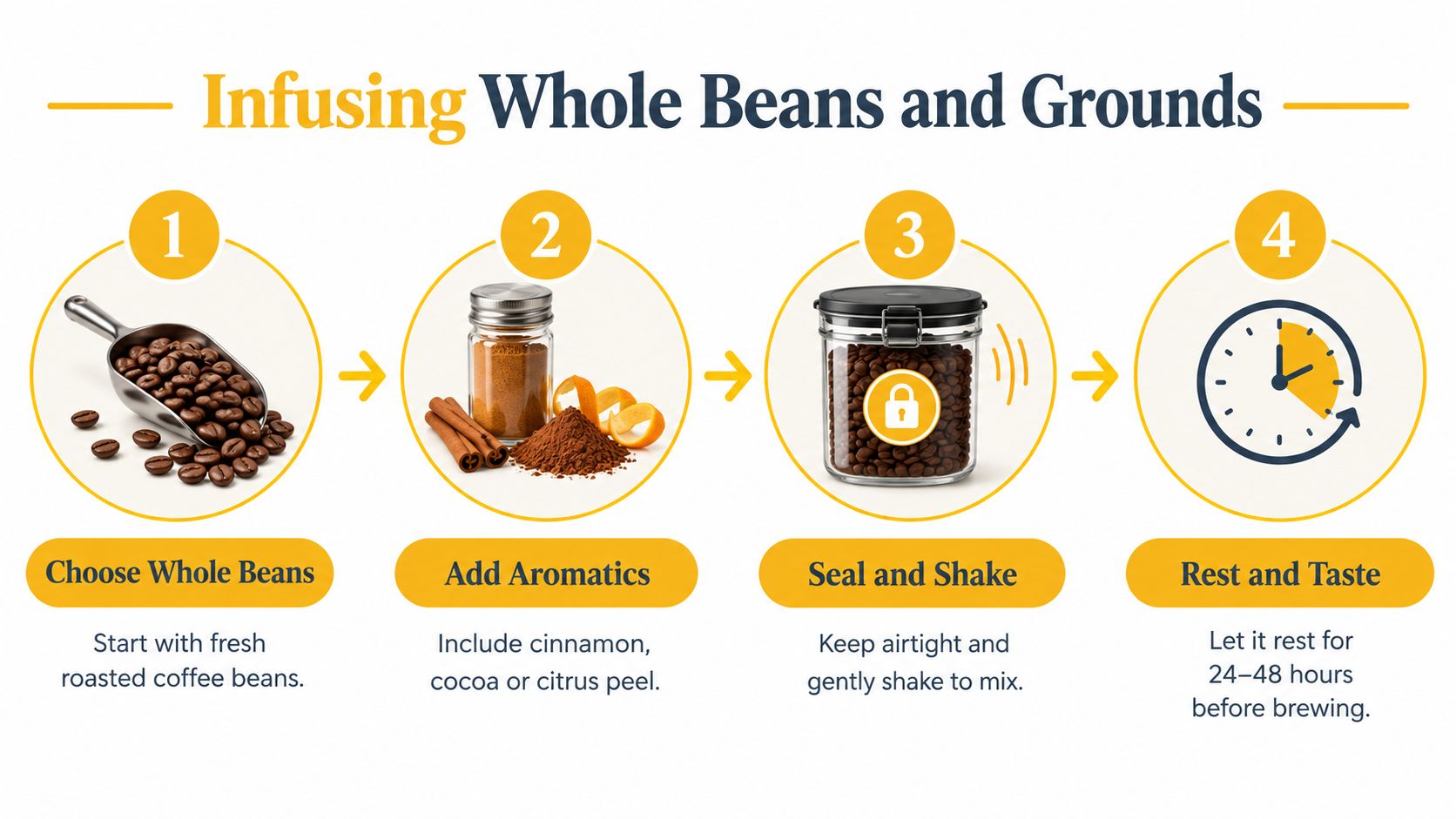 A four-step infographic illustrating how to infuse coffee beans with spices like cinnamon, cocoa, and orange peel.
