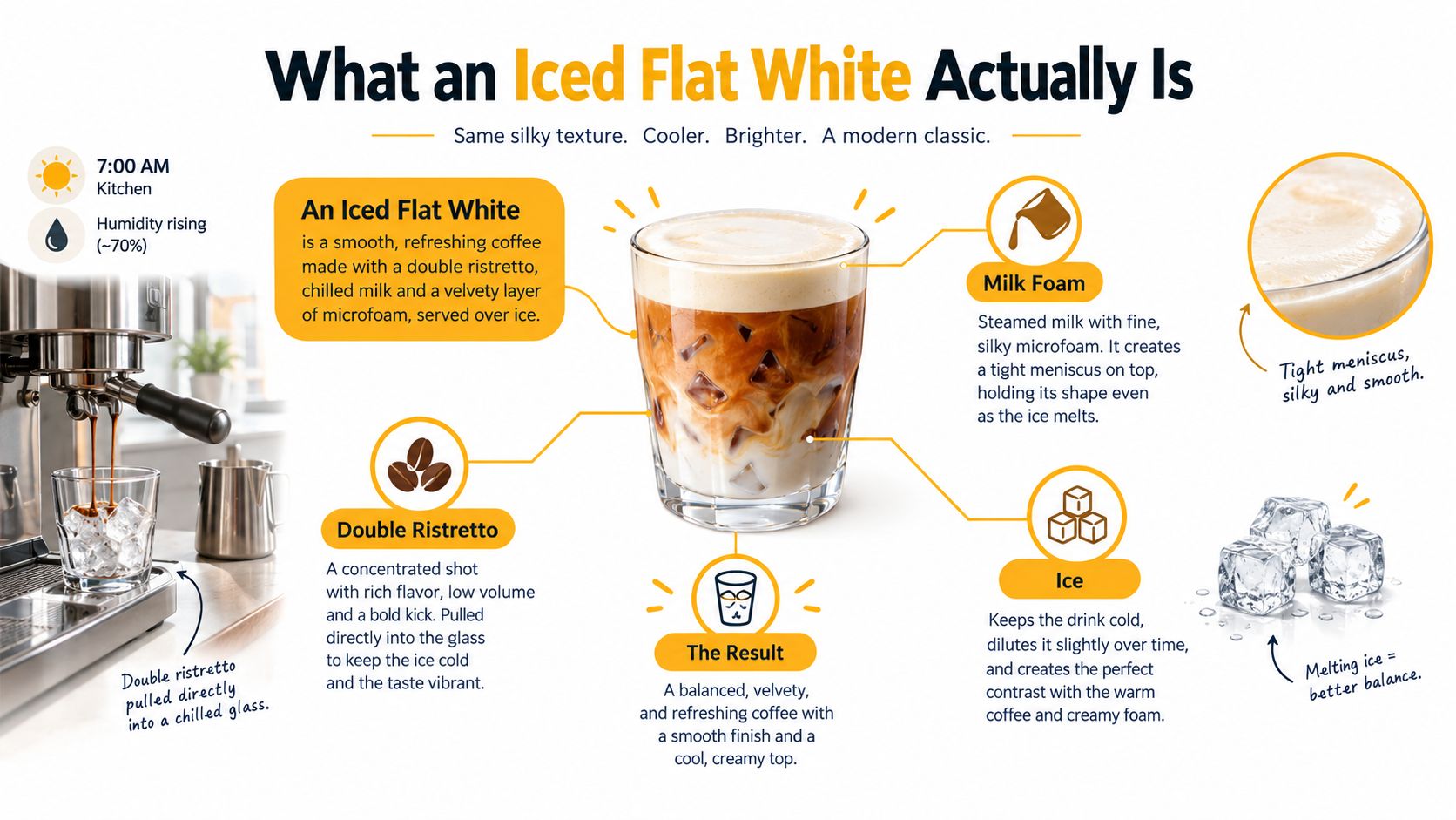 An infographic explaining the components and preparation steps for making a silky and refreshing iced flat white coffee.