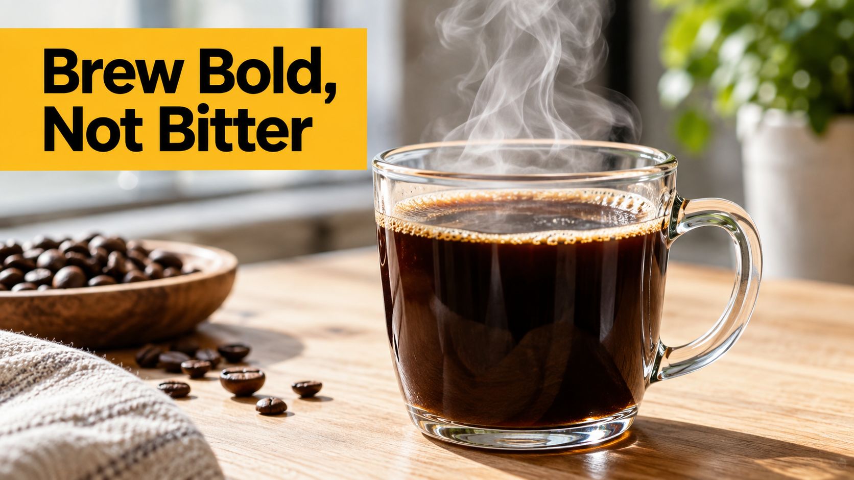 A steaming clear glass mug of bold black coffee sitting on a wooden table with roasted beans.