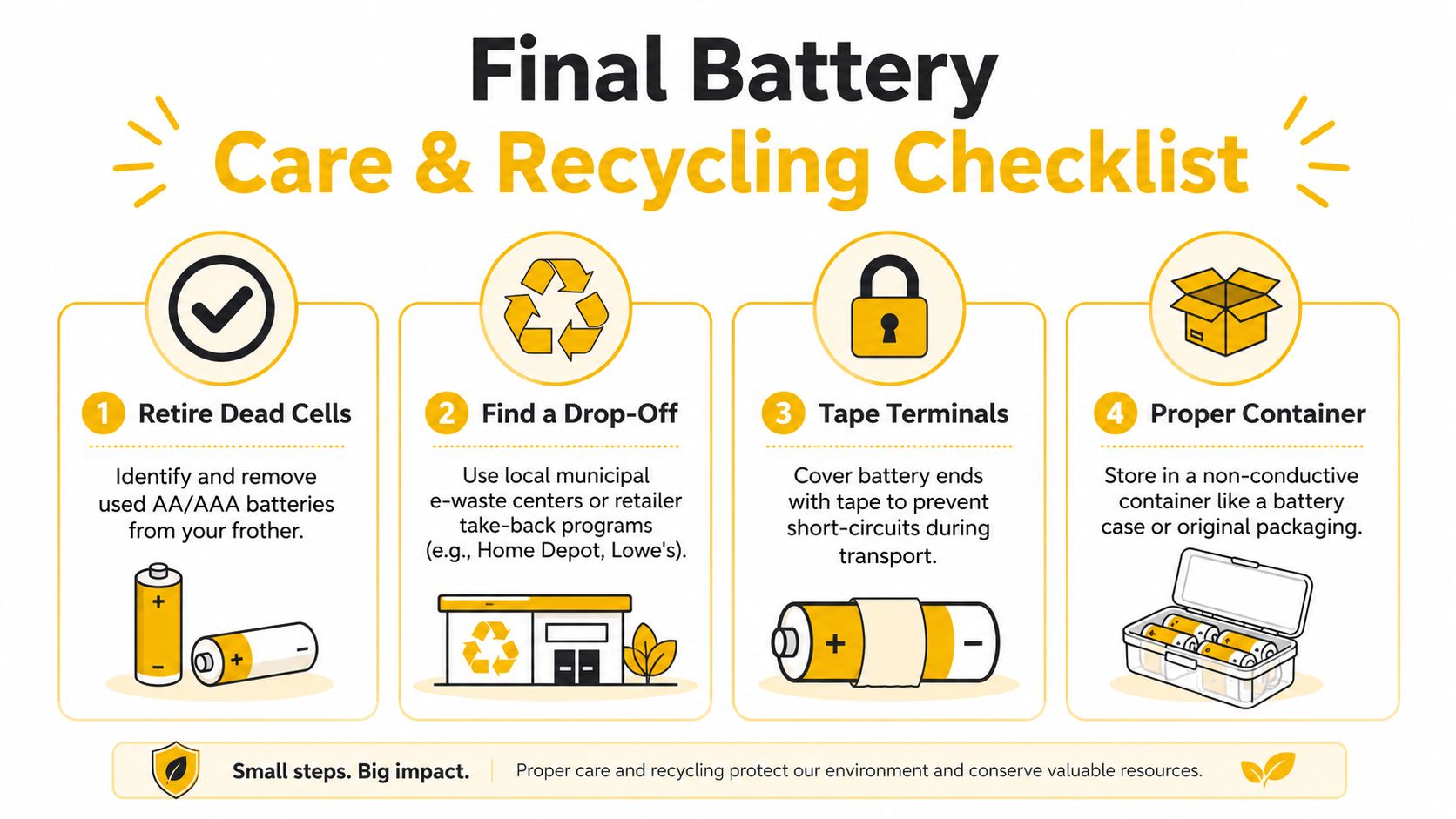 An infographic titled Final Battery Care and Recycling Checklist, illustrating four steps for safely recycling milk frother batteries.