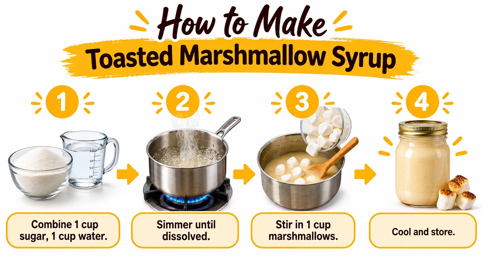 An infographic showing four steps to make toasted marshmallow syrup with sugar, water, and marshmallows.