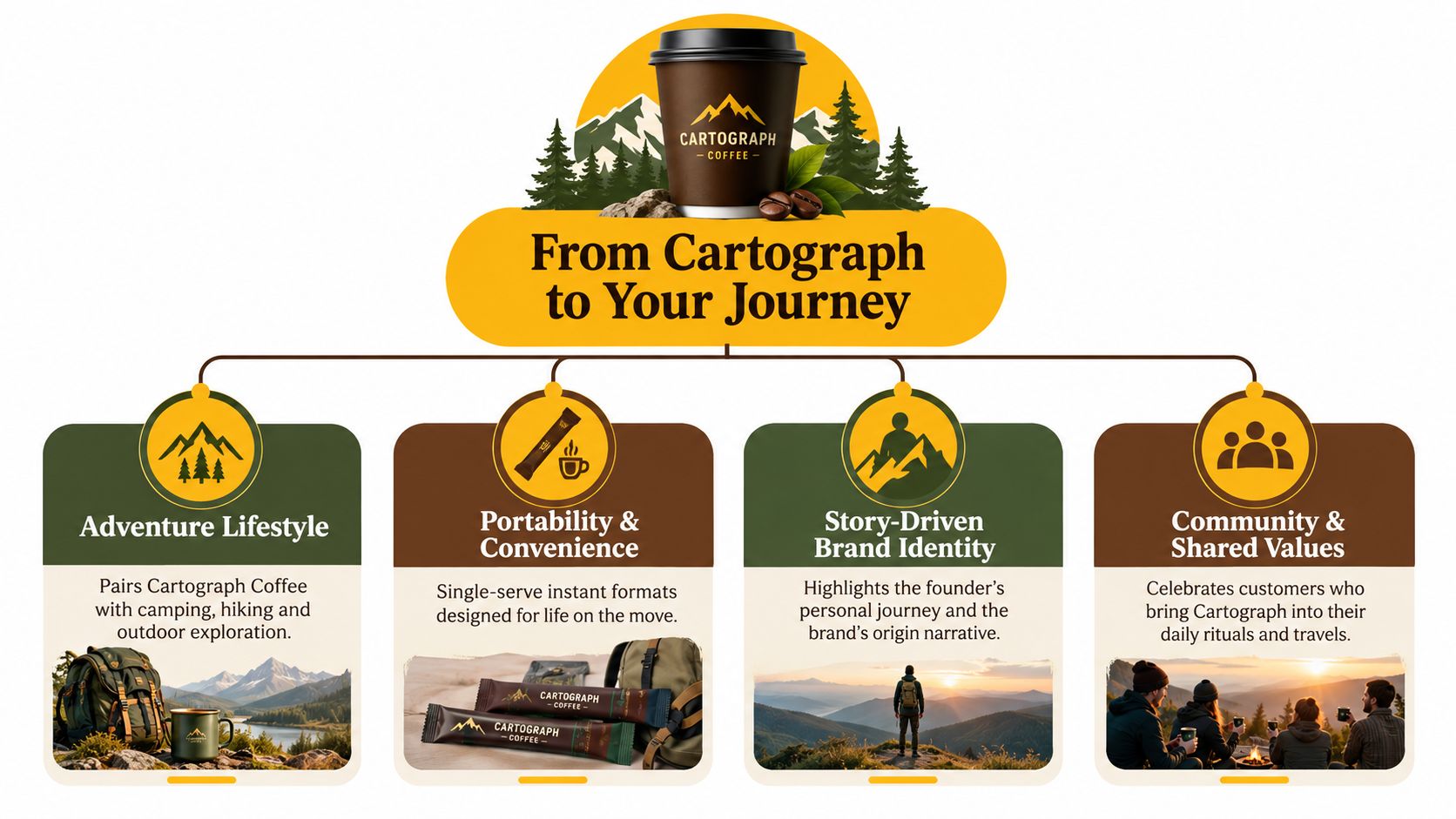 An infographic showing Cartograph Coffee brand values focusing on outdoor adventure, convenience, storytelling, and community engagement.