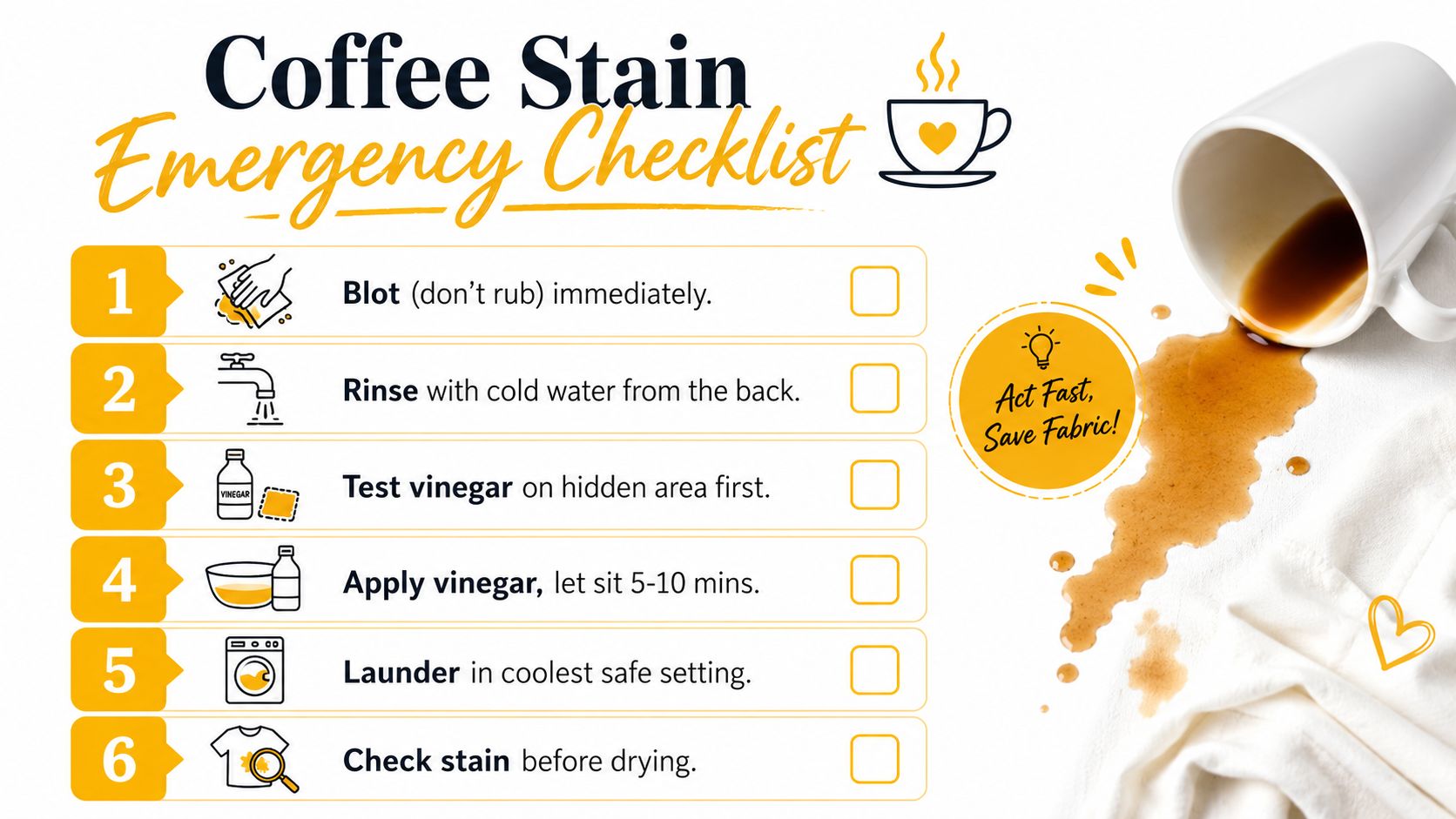 A six-step emergency checklist infographic on how to remove coffee stains from fabric using white vinegar.