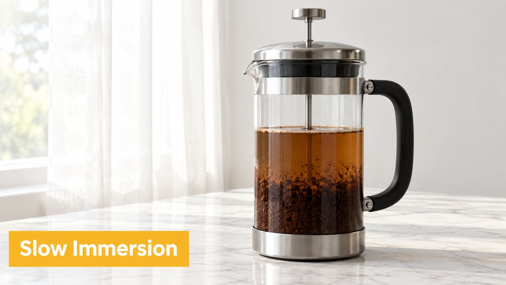 A glass French press coffee maker filled with coffee grounds and water sitting on a marble countertop.