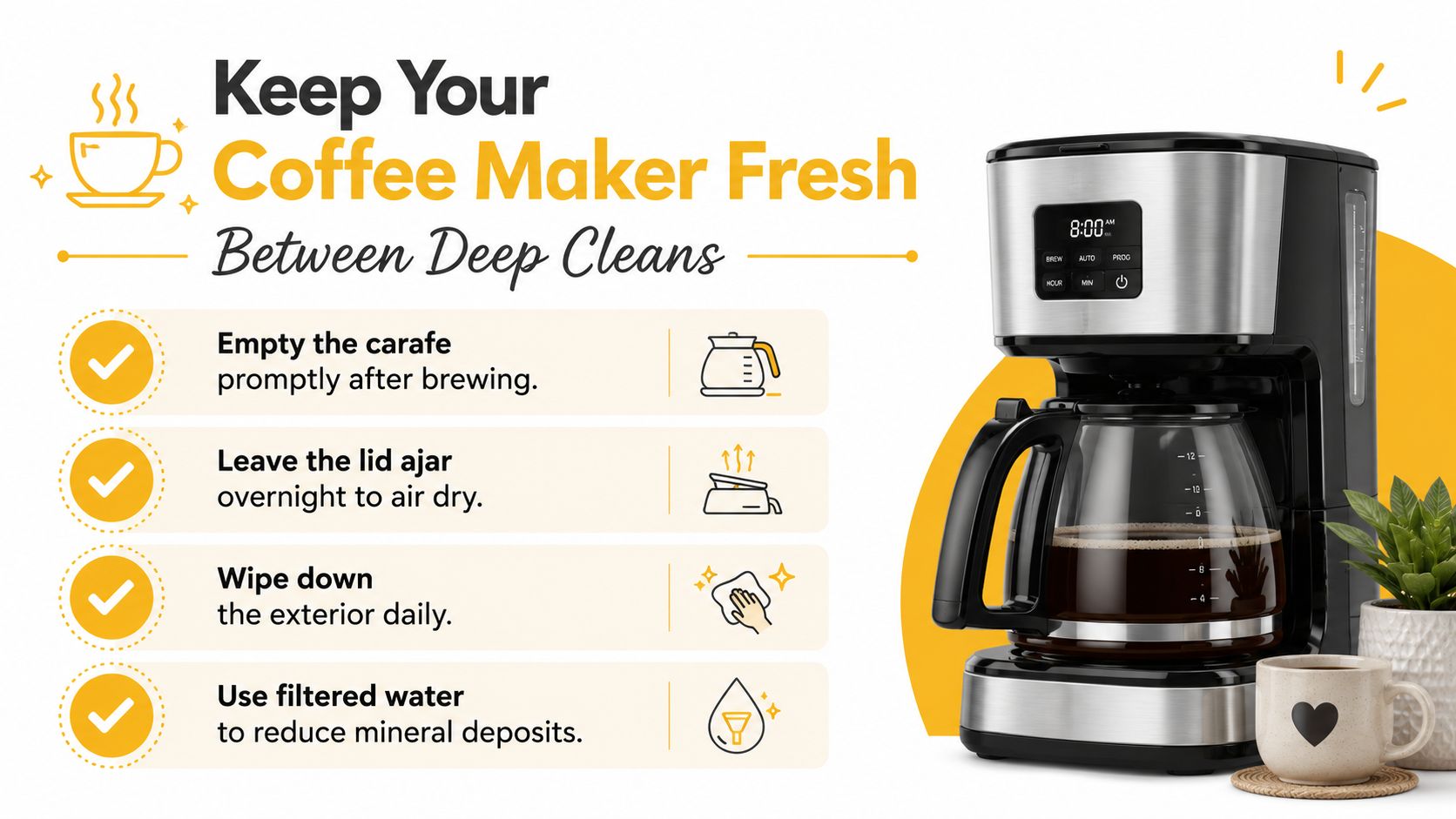 An infographic showing four tips for keeping a coffee maker fresh, featuring an image of the machine.