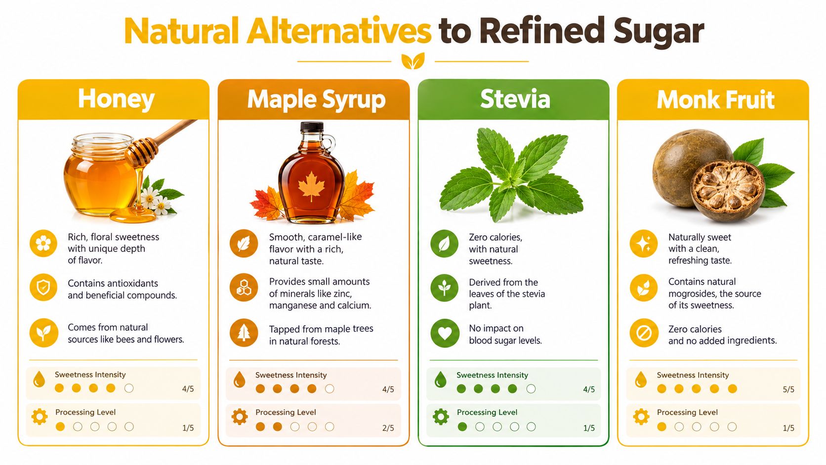 A comparison chart showing natural alternatives to refined sugar including honey, maple syrup, stevia, and monk fruit.