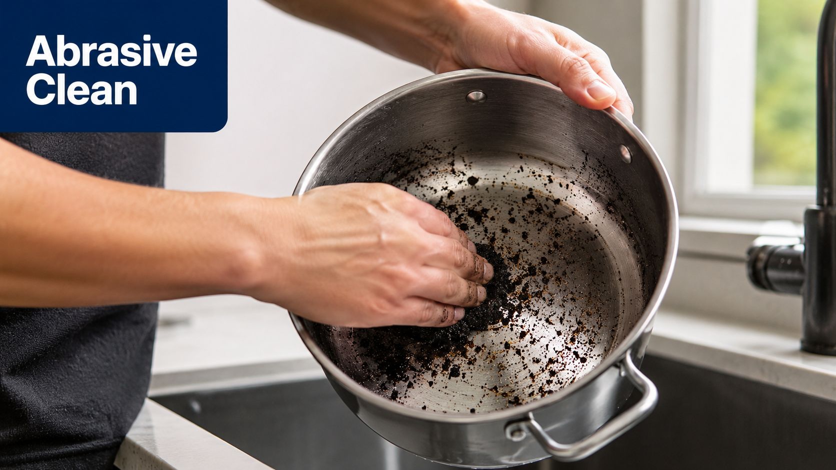 A person scrubbing a stainless steel pot with used coffee grounds in a kitchen sink.