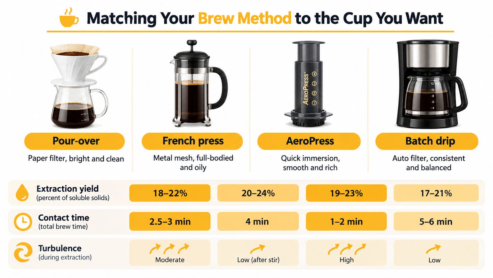 A chart comparing pour-over, French press, AeroPress, and batch drip coffee methods based on brew characteristics.