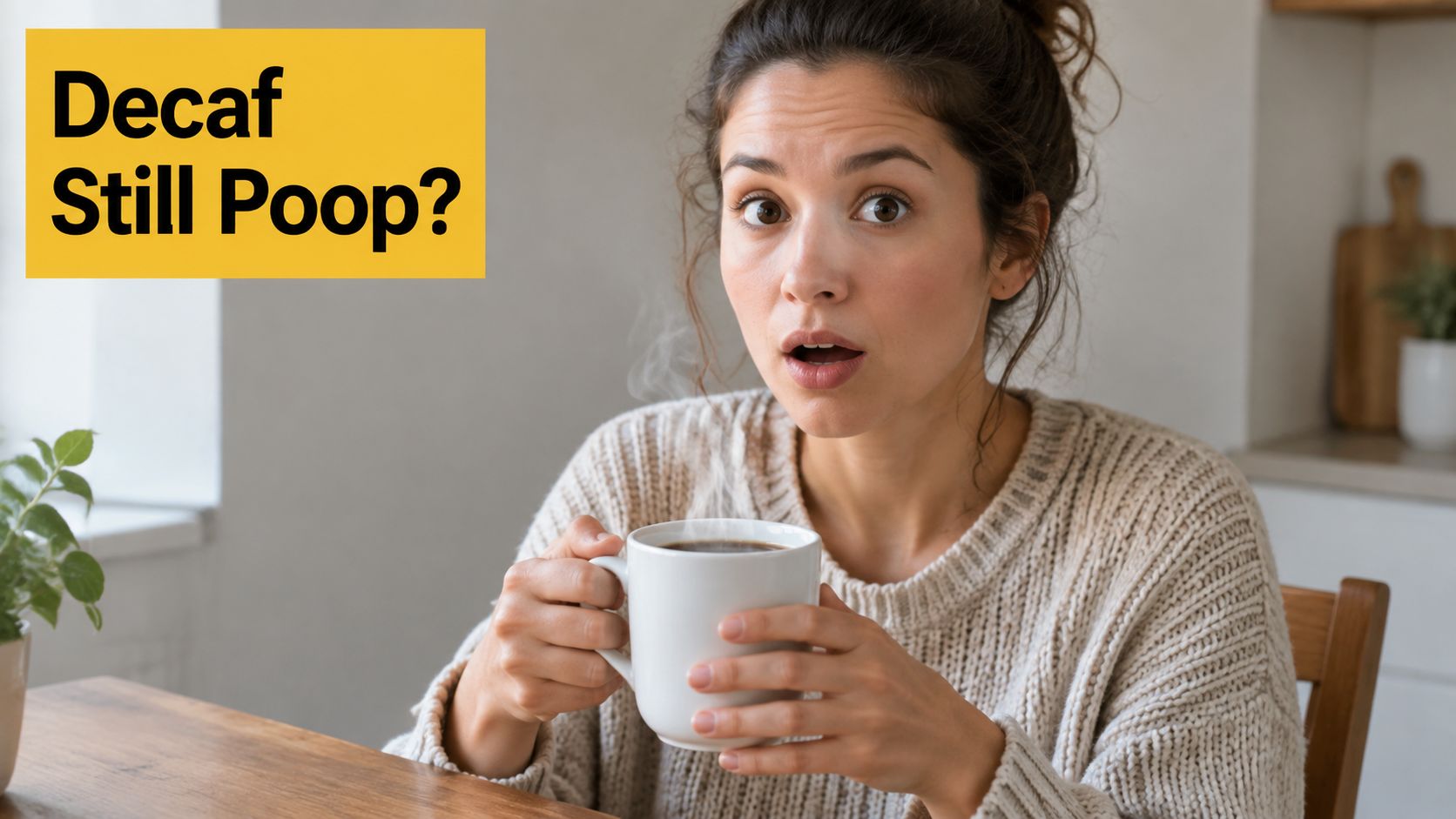 A woman with a surprised expression holding a steaming mug of coffee in a kitchen setting.