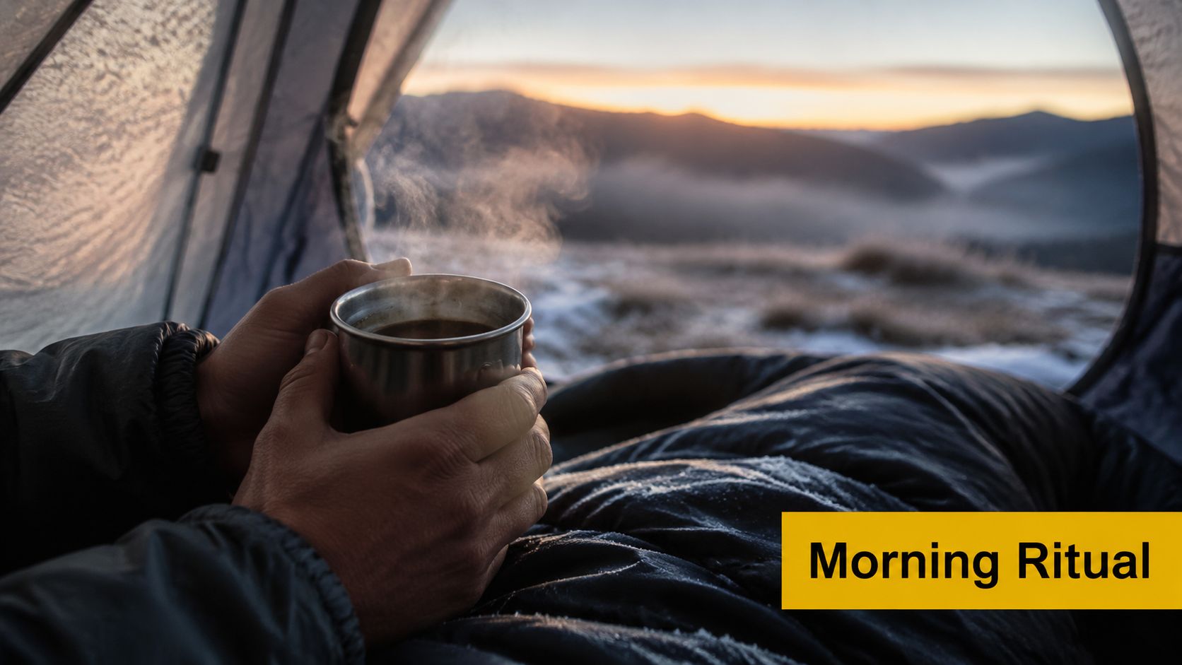 A person holding a steaming mug of hot coffee inside a tent while viewing mountain sunrise.