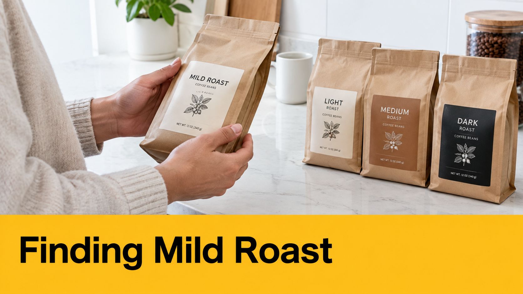 A person holding a bag of mild roast coffee beans next to other roasts on a counter.