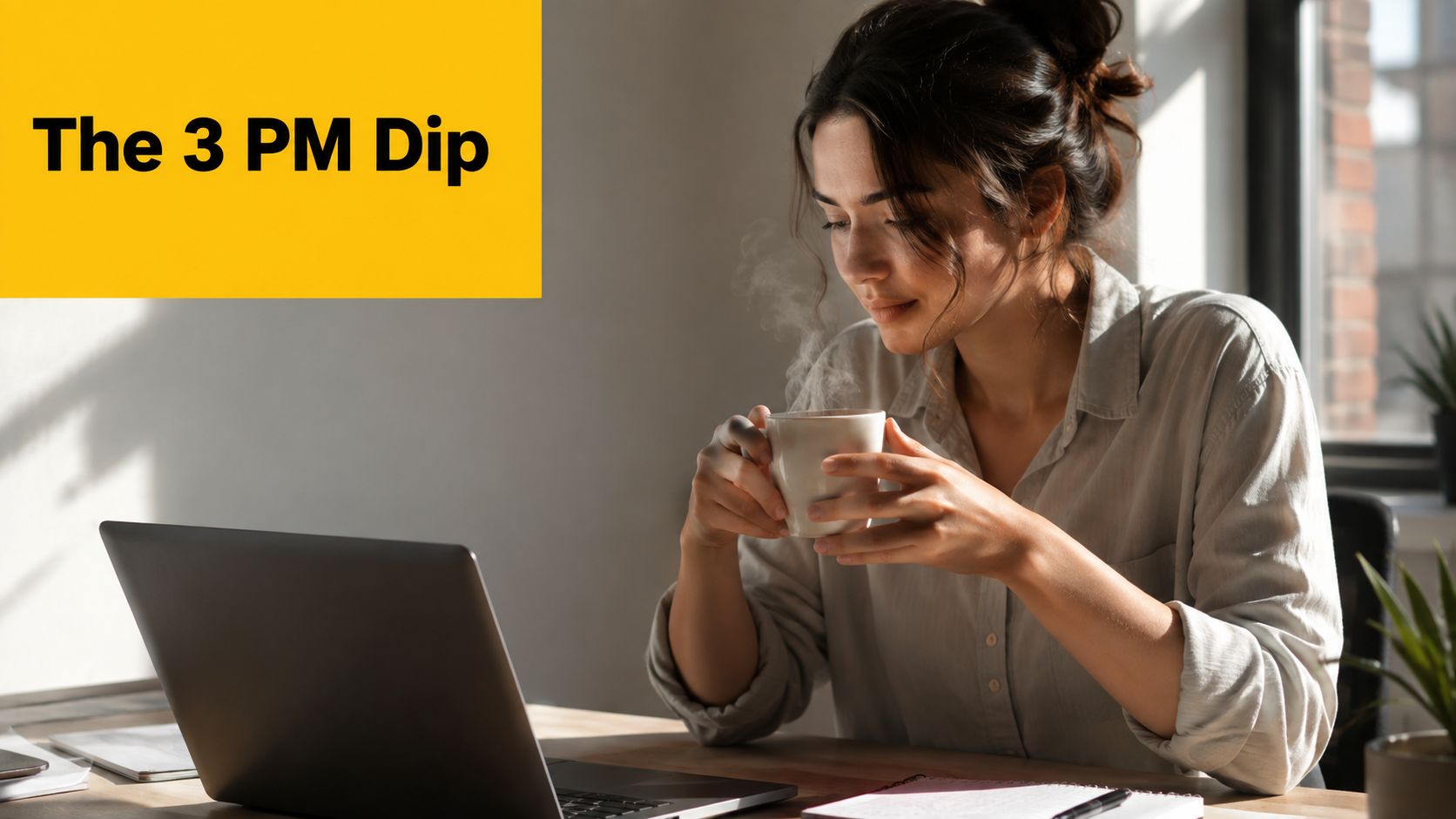 A young woman sits at her desk with a laptop, holding a steaming mug of hot coffee.