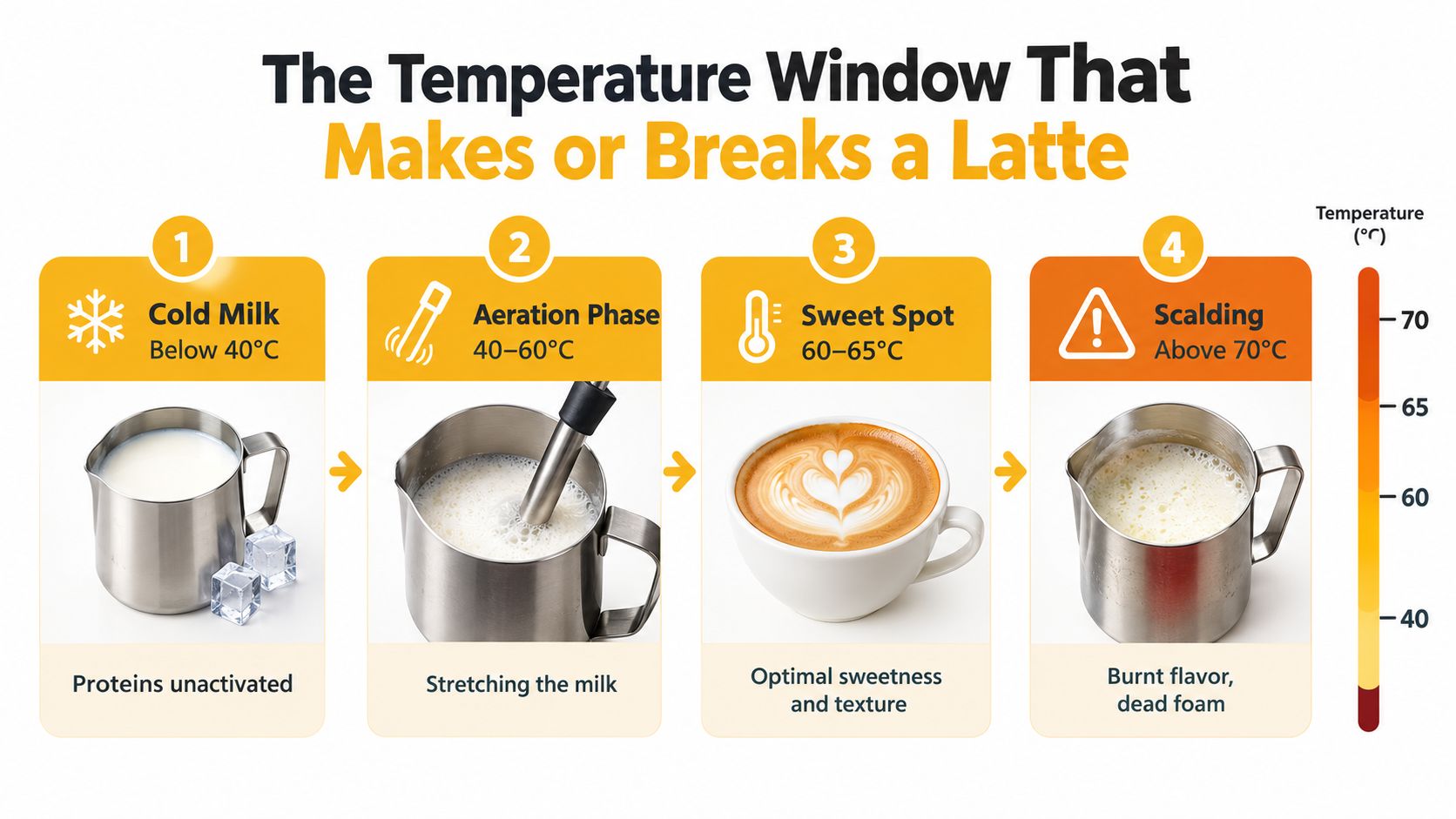 A diagram illustrating the four temperature stages of heating milk for a perfectly textured latte.