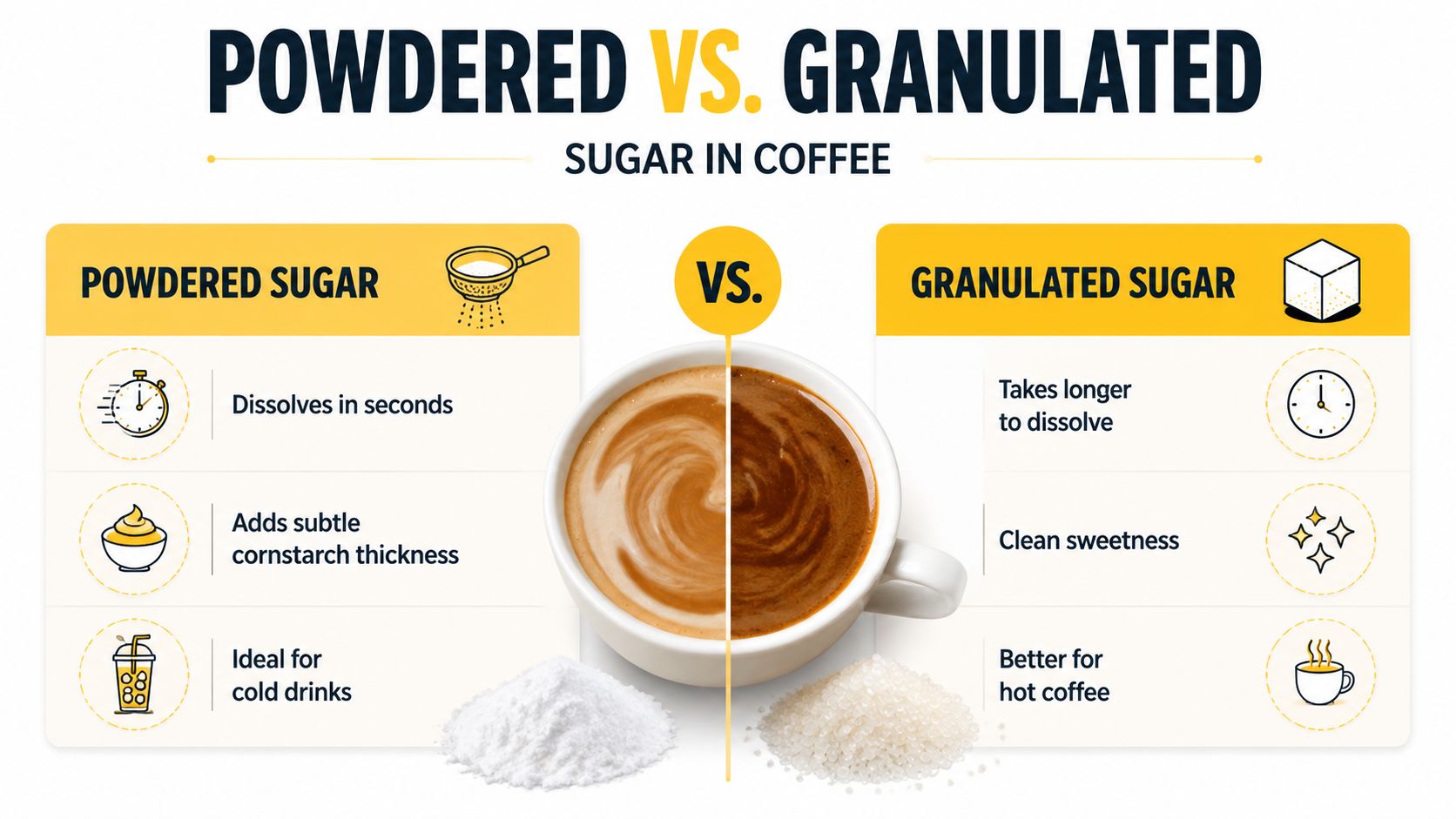 An infographic comparing powdered sugar versus granulated sugar for sweetening coffee, highlighting their characteristics and uses.