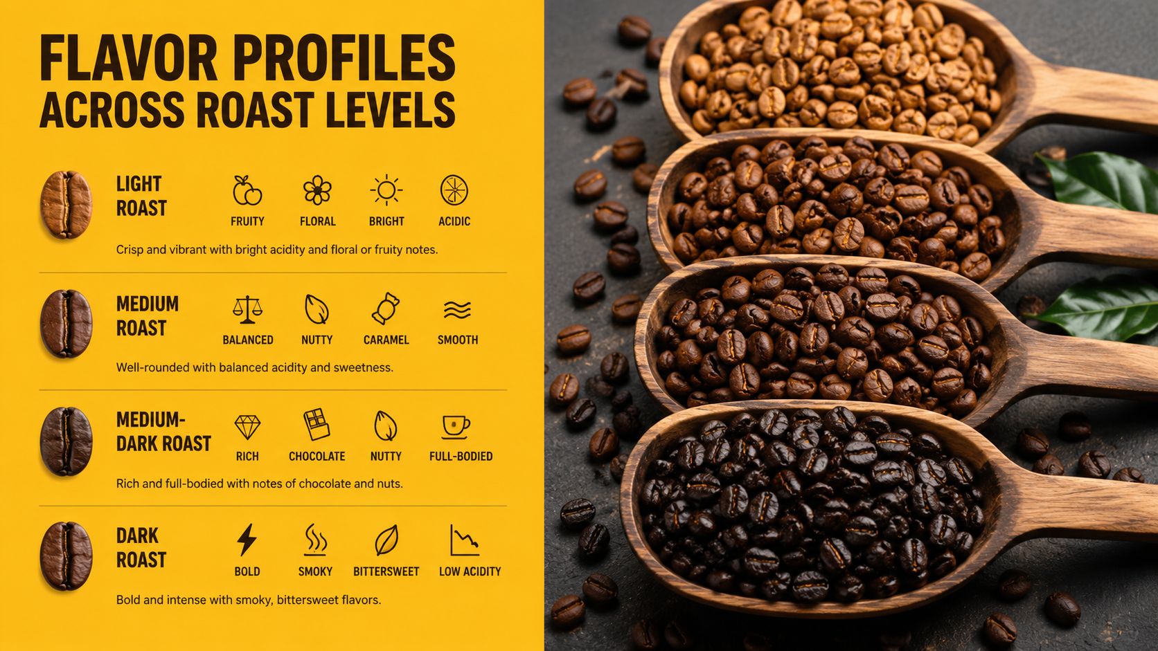 A diagram comparing flavor profiles of light, medium, medium-dark, and dark roast coffee beans with descriptions.