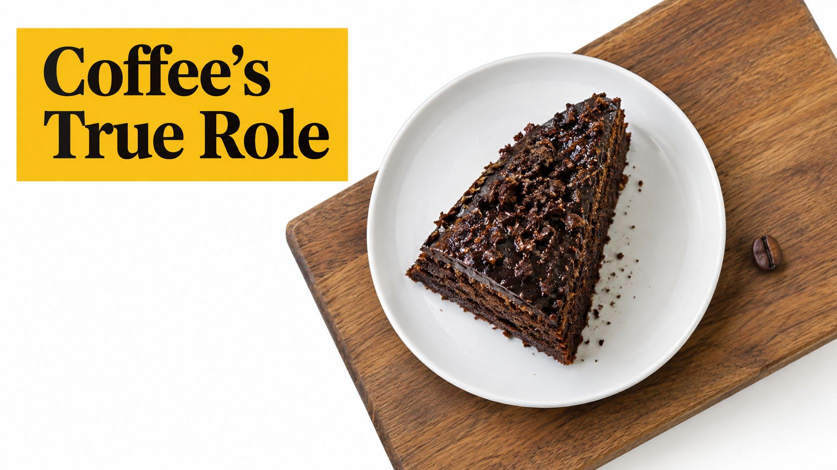 A slice of delicious rich chocolate cake on a white plate atop a rustic wooden serving board.
