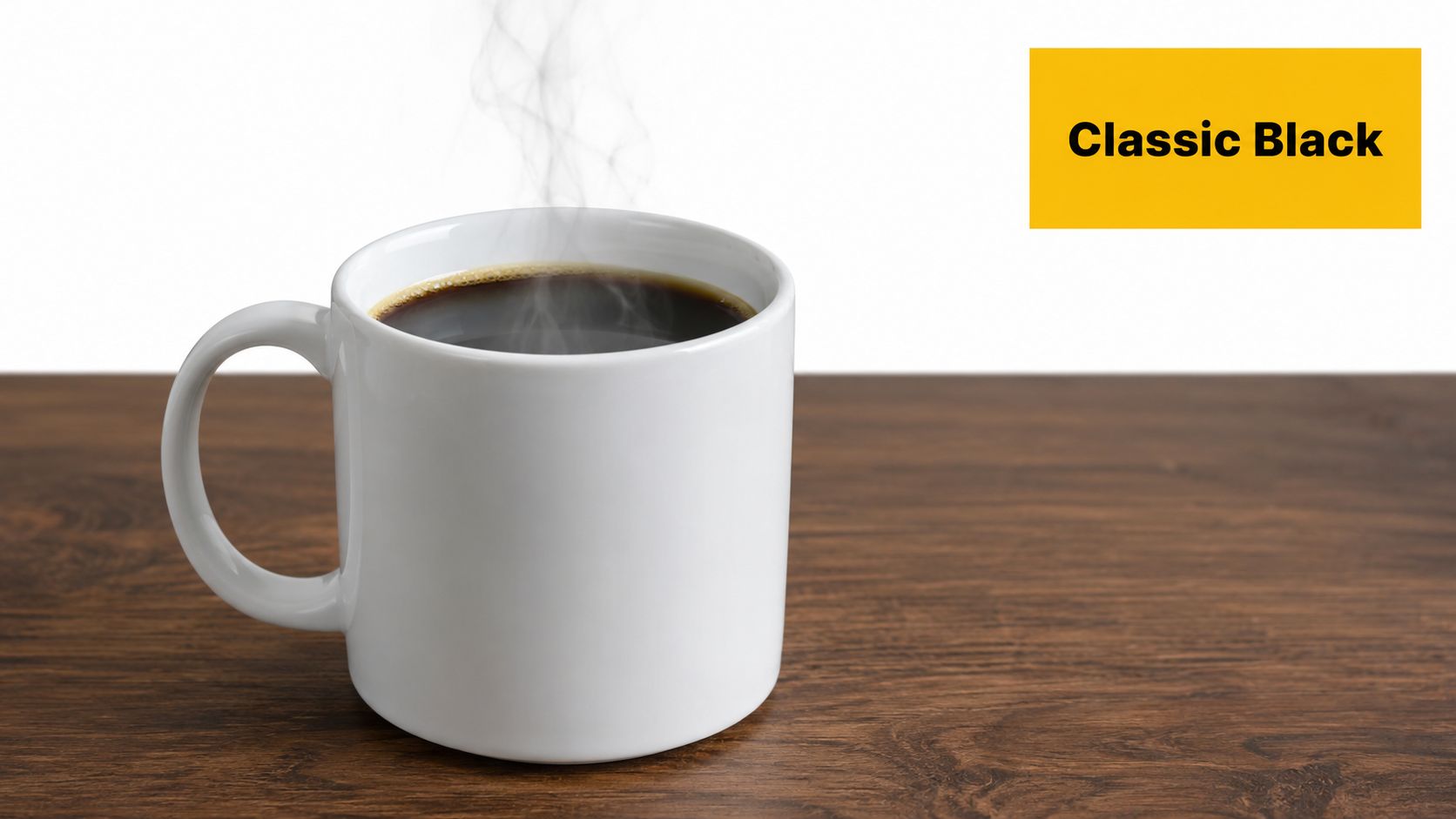A steaming mug of fresh black coffee sitting on a dark wooden table with white background.