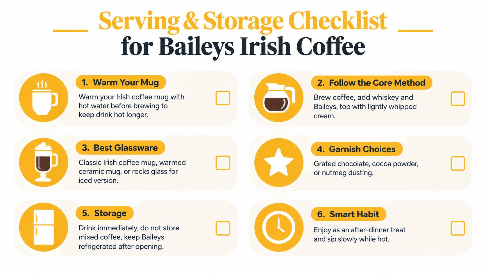 An infographic checklist for serving and storing Baileys Irish coffee, featuring tips on preparation and garnishing.