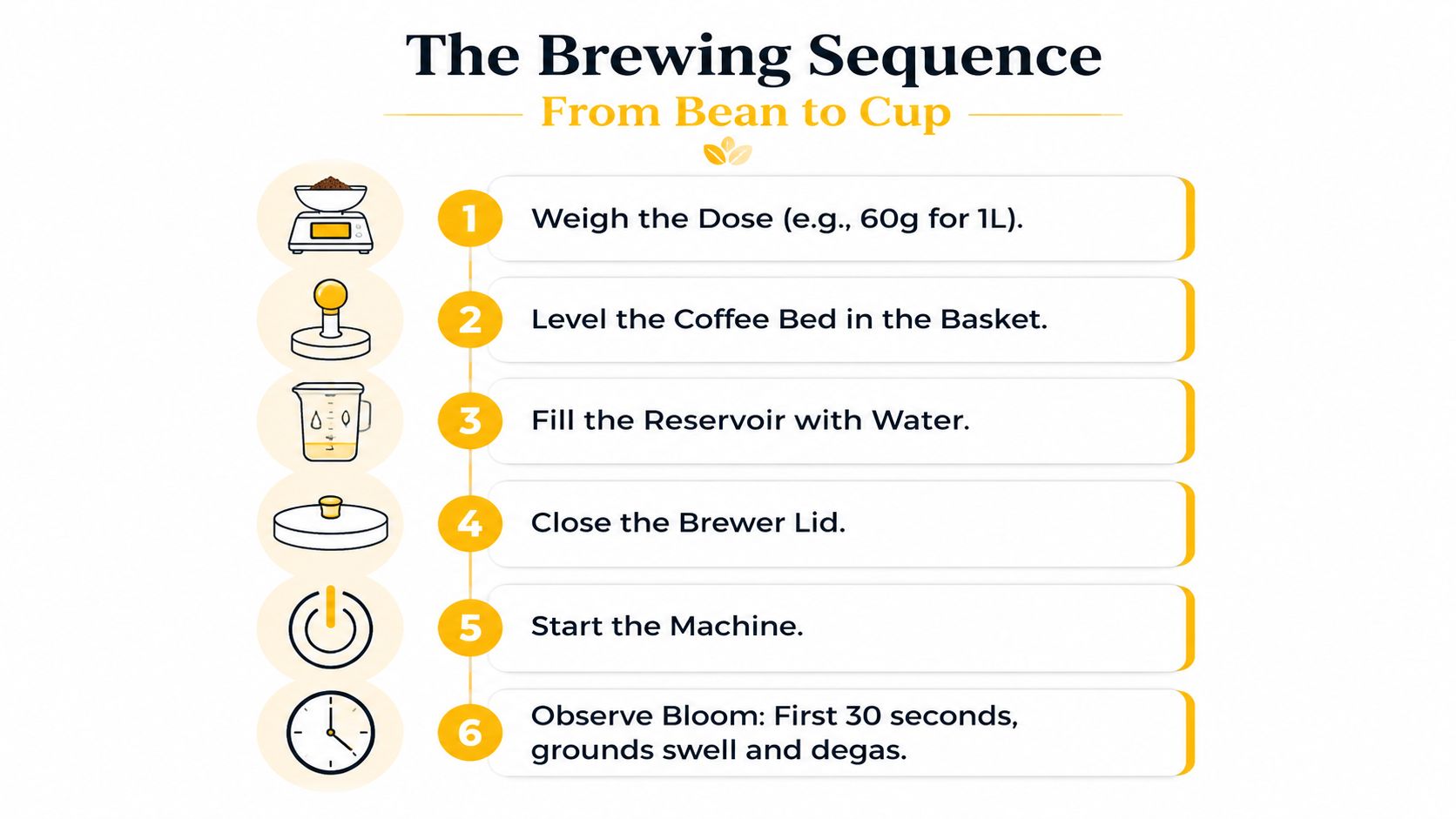 A six-step infographic guide explaining the sequence for brewing coffee from beans to a finished cup.