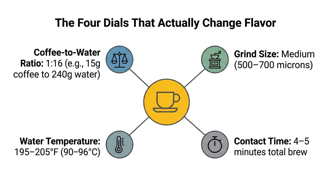 An infographic showing four key factors for brewing coffee: ratio, grind size, temperature, and contact time.