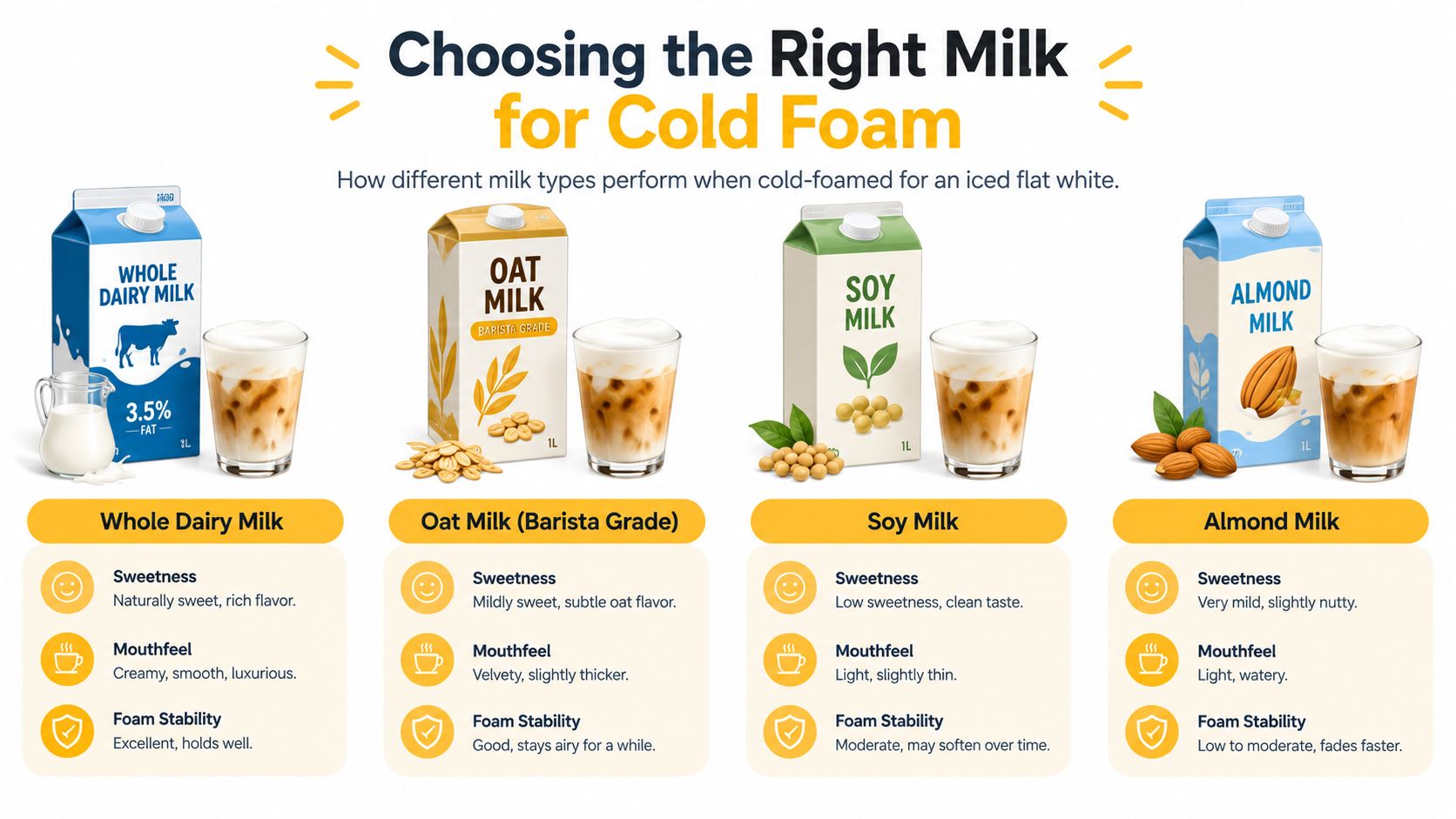 A comparison chart showing how different types of milk perform when creating cold foam for iced drinks.